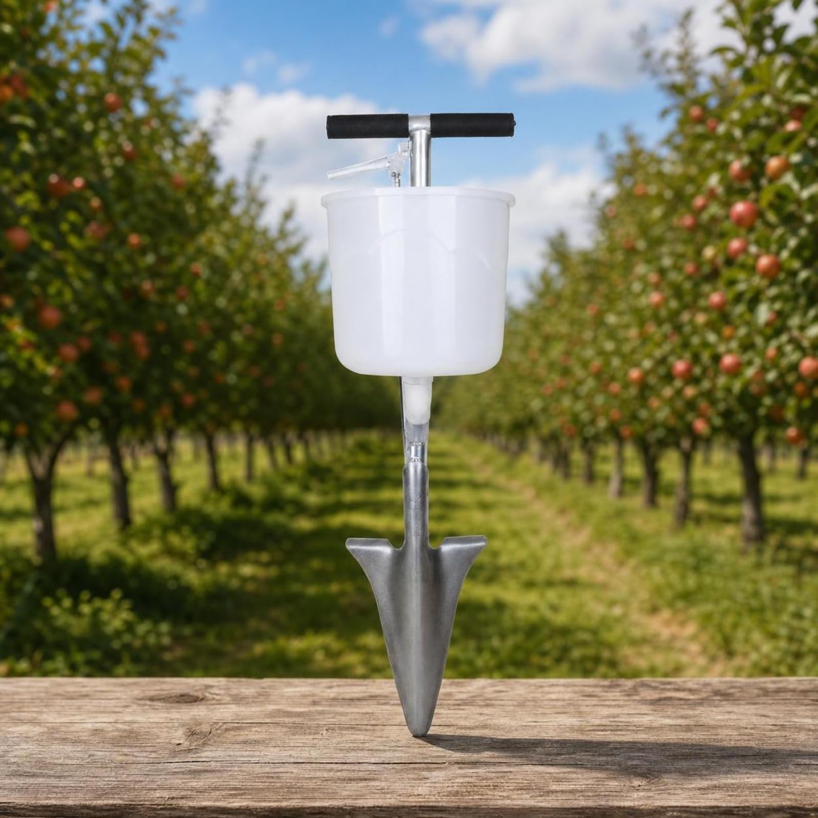 Applicatore di Fertilizzante Manuale Attrezzo per Apporto di Nutrienti Nel Terreno con Puntale Penetrante Asta Serbatoio in PP Presa Orizzontale, Modello Con Secchiello Bianco E Punta Arrotondata
