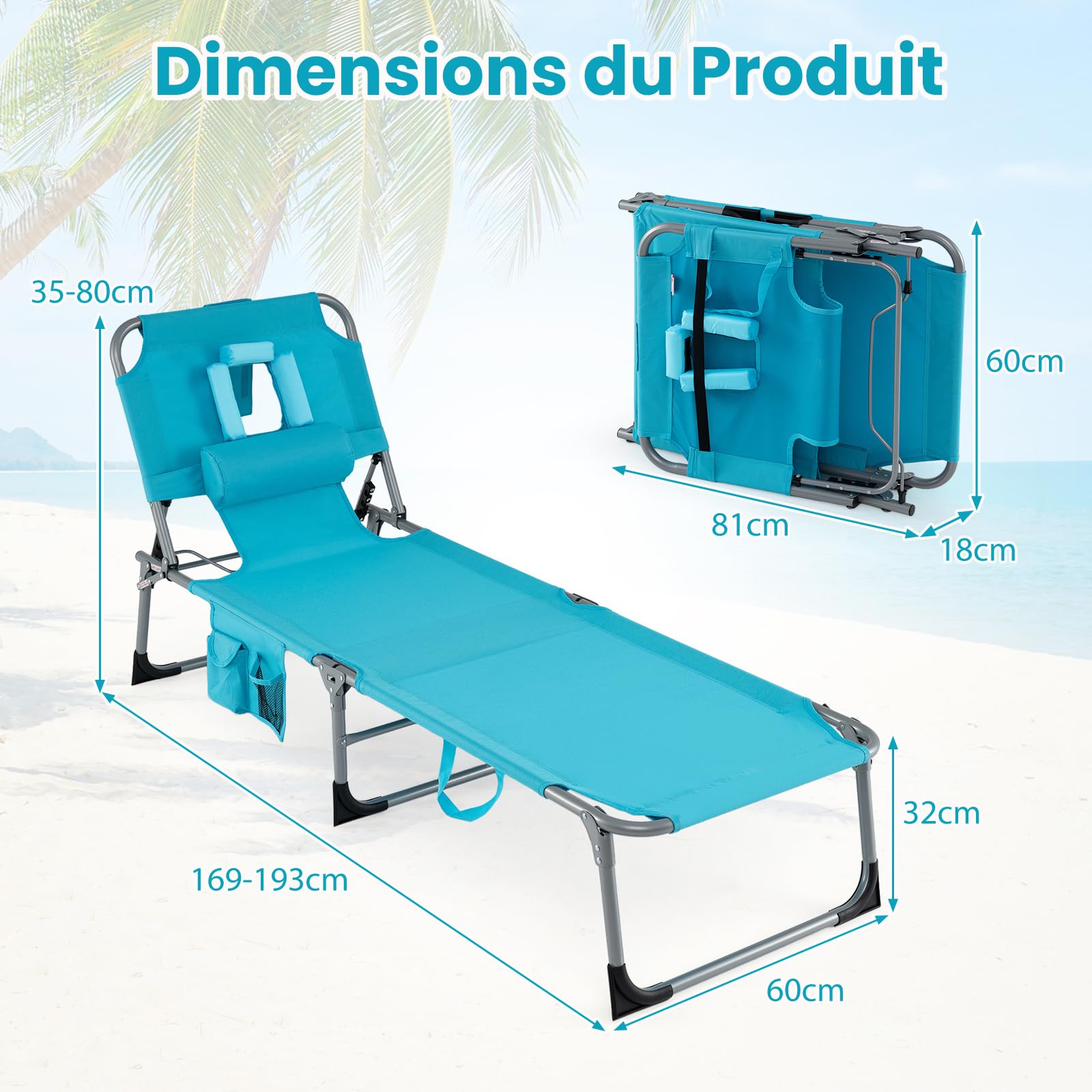 COSTWAY Bain de Soleil Réglable à 4 Positions, Chaise Longue Pliante, Trous pour Visage&Bras, Poche Latérale, Appuie-Tête Amovible, Transat pour Jardin Piscine Terrasse, Charge 150 kg (Turquoise)