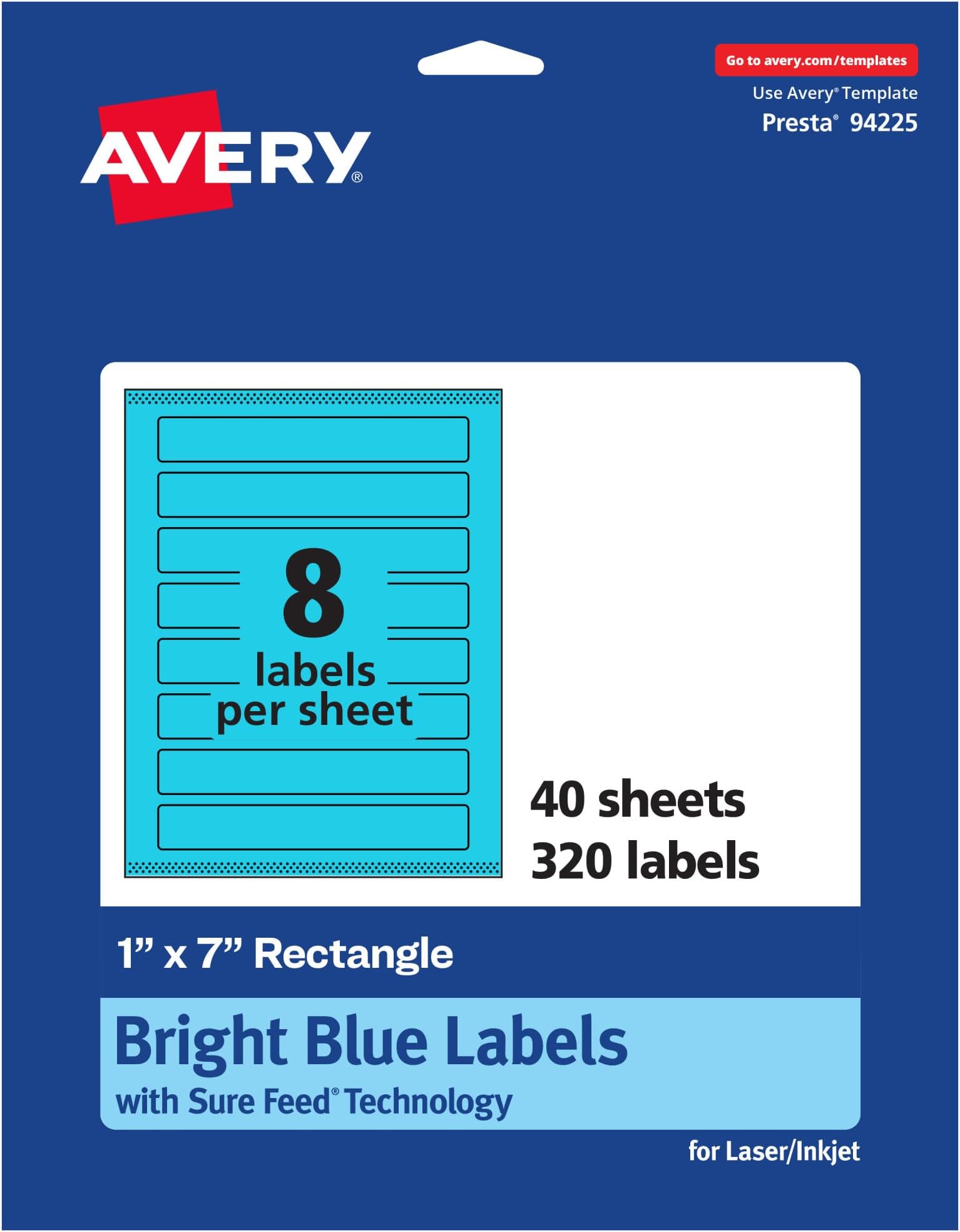 Avery Printable Rectangle Labels, Sure Feed Technology, 1" x 7", Bright Blue Labels, Print-to-The-Edge, Laser/Inkjet Printable, 320 Total, Great for Candles and Jars