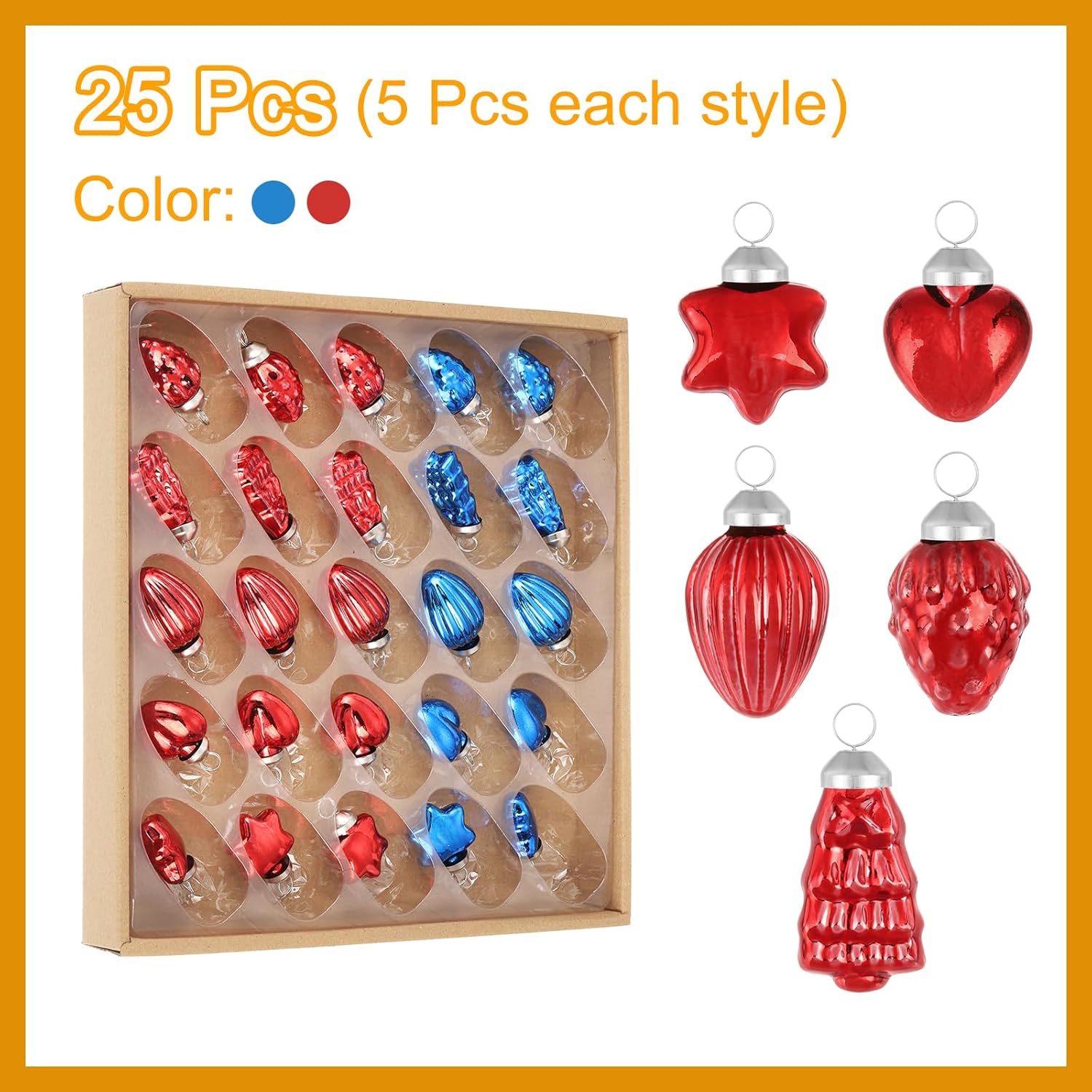 MECCANIXITY 25Pcs Glass Christmas Ornaments Red Blue Christmas Tree Decorations 1-1.5inch Vintage Christmas Tree Ornaments for Christmas Tree, Halloween, Event and Wedding