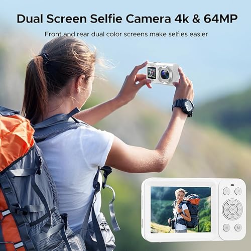 Miniatura 2 de Cámara digital, cámara de doble pantalla 4K 64MP UHD, zoom digital de 18X, cámara portátil de apuntar y disparar con tarjeta TF de 32 GB y batería