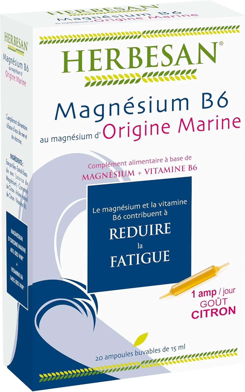 HERBESAN® – Marine Magnesium and Vitamin B6 – Reduce fatigue, 20 ampoules of 15 ml