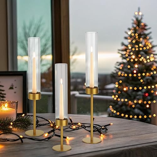 Miniatura 4 de Juego de 3 portavelas de cristal con base de metal dorado para decoración de candelabros, elegante centro de mesa de comedor para bodas, Navidad y