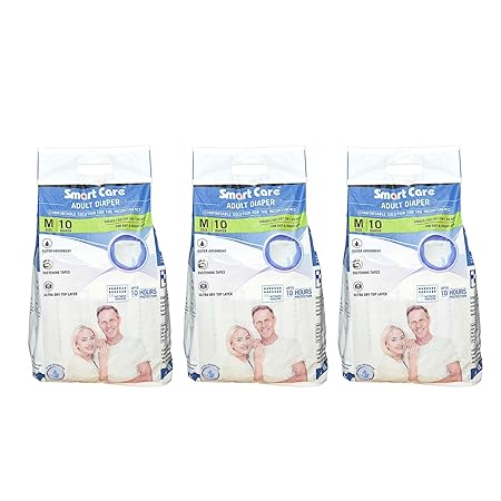 SMARTCARE Saify Healthkart Smart Care Super Absorbent, Leg Gathers, Wetness Indicator, Fastening Tapes and Ultra Top Layer Adult Diaper (10 Medium Pieces) - Pack of 3