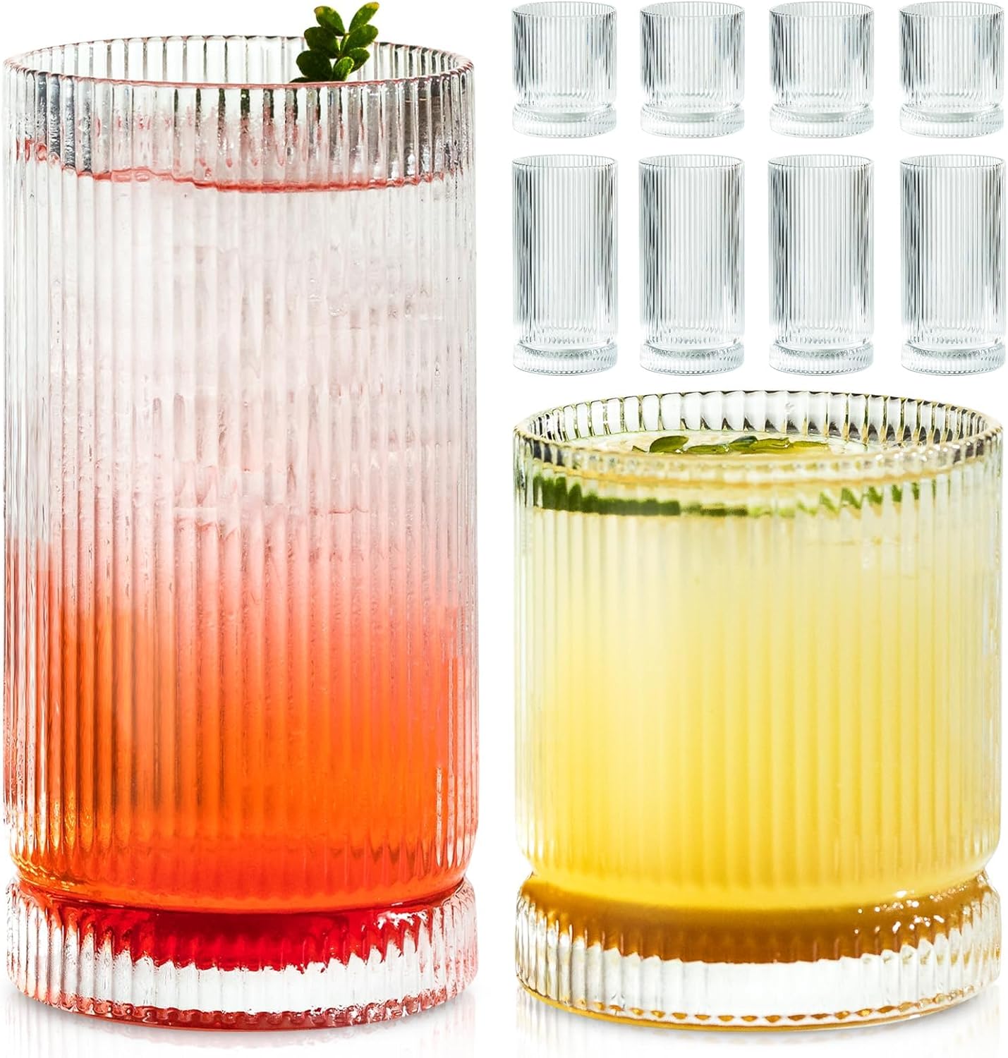 KEMORELA Ribbed Glassware Set of, Origami Style 16 Oz XL Drinking Glasses with Straws, Vintage Glassware Set - Glass Cups, Iced Coffee Cups Perfect for Cocktails, Smoothies, Juice, Beer (8Pcs)