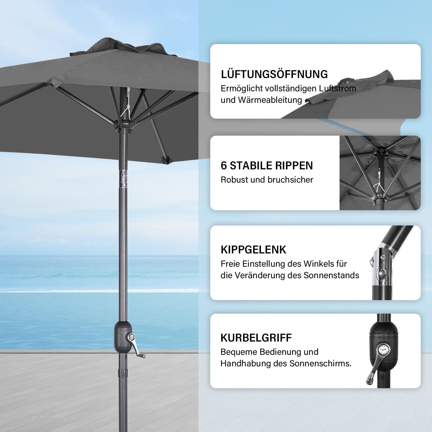 Angel Living Sonnenschirm Ø 300 cm Gartenschirm Marktschirm Terrassenschirm Taupe Rund Sonneschirm Sonnenschutz aus Aluminium und Polyester UV50+ Grau