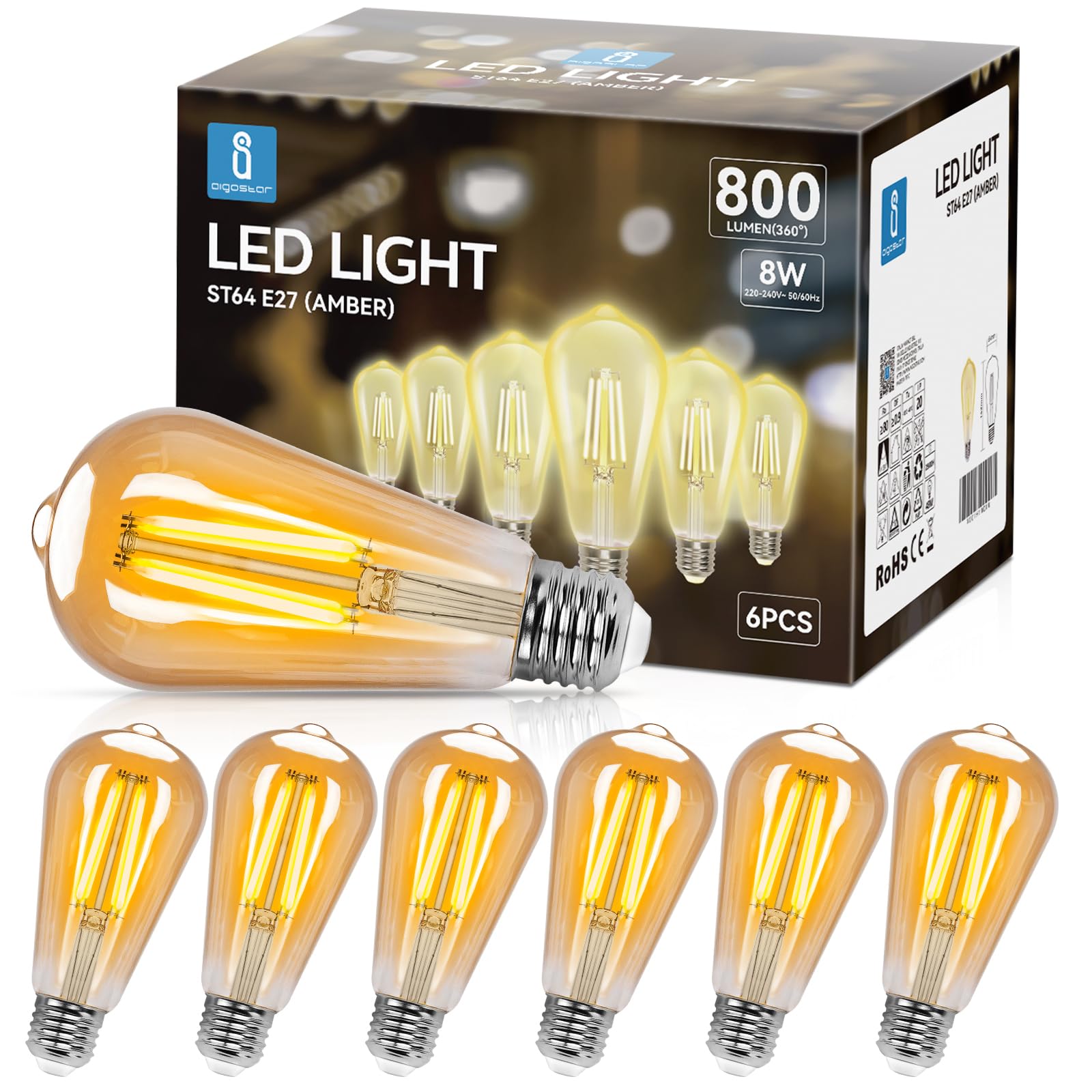 Aigostar ST64 Bombilla Edison Estilo Vintage. Bombilla Led E27 (Casquillo Gordo, 8W (Equivalente A 60W), Bombilla De Fi…