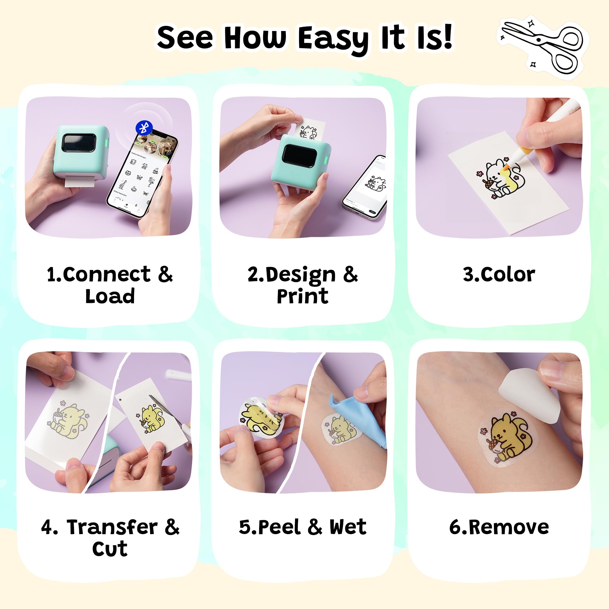 TATTMUSE Stampante Tatuaggi per Bambini, Crea Tatuaggi Temporanei Personalizzati con 40 fogli per Tattoo e 4 Pennarelli, Kit Tatuaggi per Bambini Per Attività Fai da te, Feste e Regali Creativi