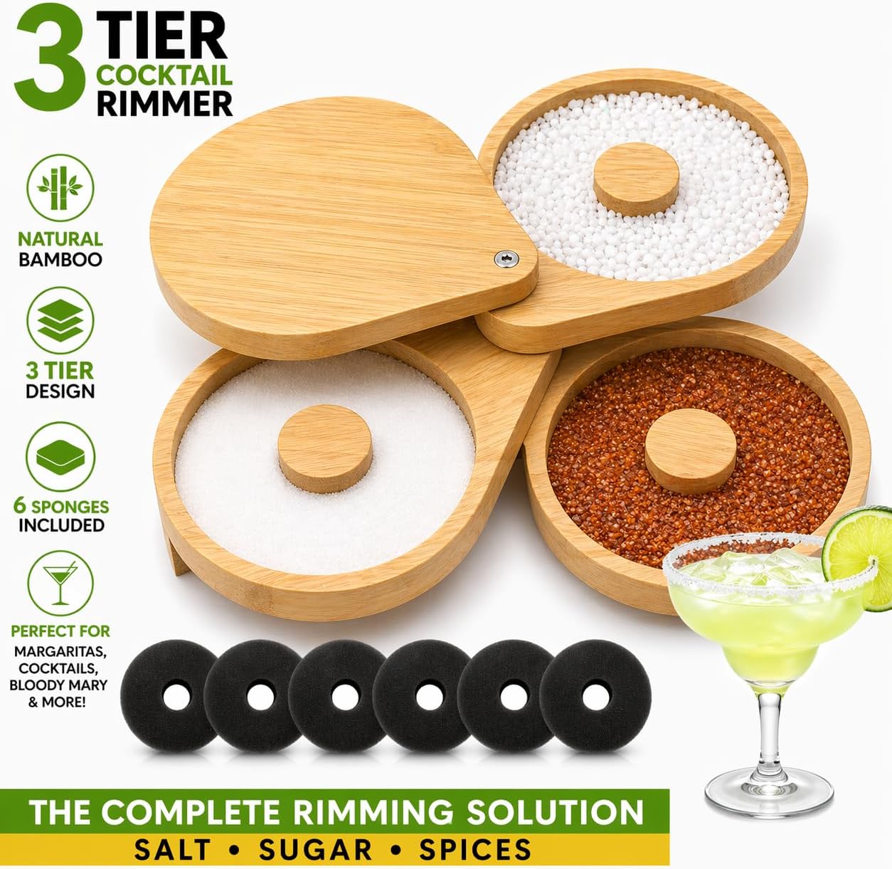 Margarita Salt Rimmer Set Bamboo, 3 Tier Cocktail Glass Rimmer with Lid,6 Sponges,Bar Glass Salter for Salt Sugar Spices, Home Bar Bartender Tool for Margarita, Bloody Mary, Tequila & Cocktail Drinks