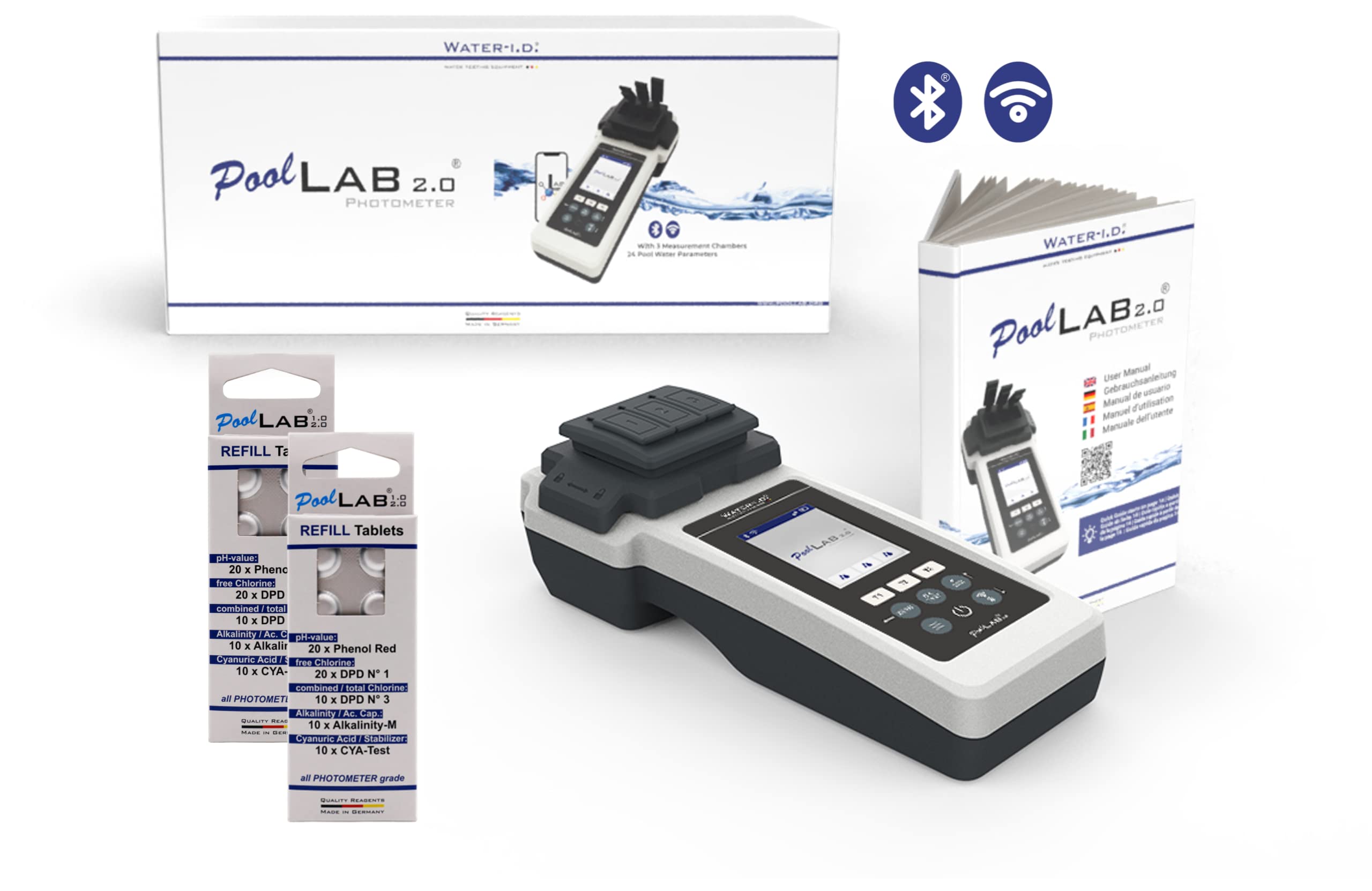 PoolLab 2.0 con 70 pastillas de prueba y "EXTRA Refill Pack" Special Edition para MediMuc – 24 parámetros – App, software – medición de hasta 3 parámetros en una sola prueba