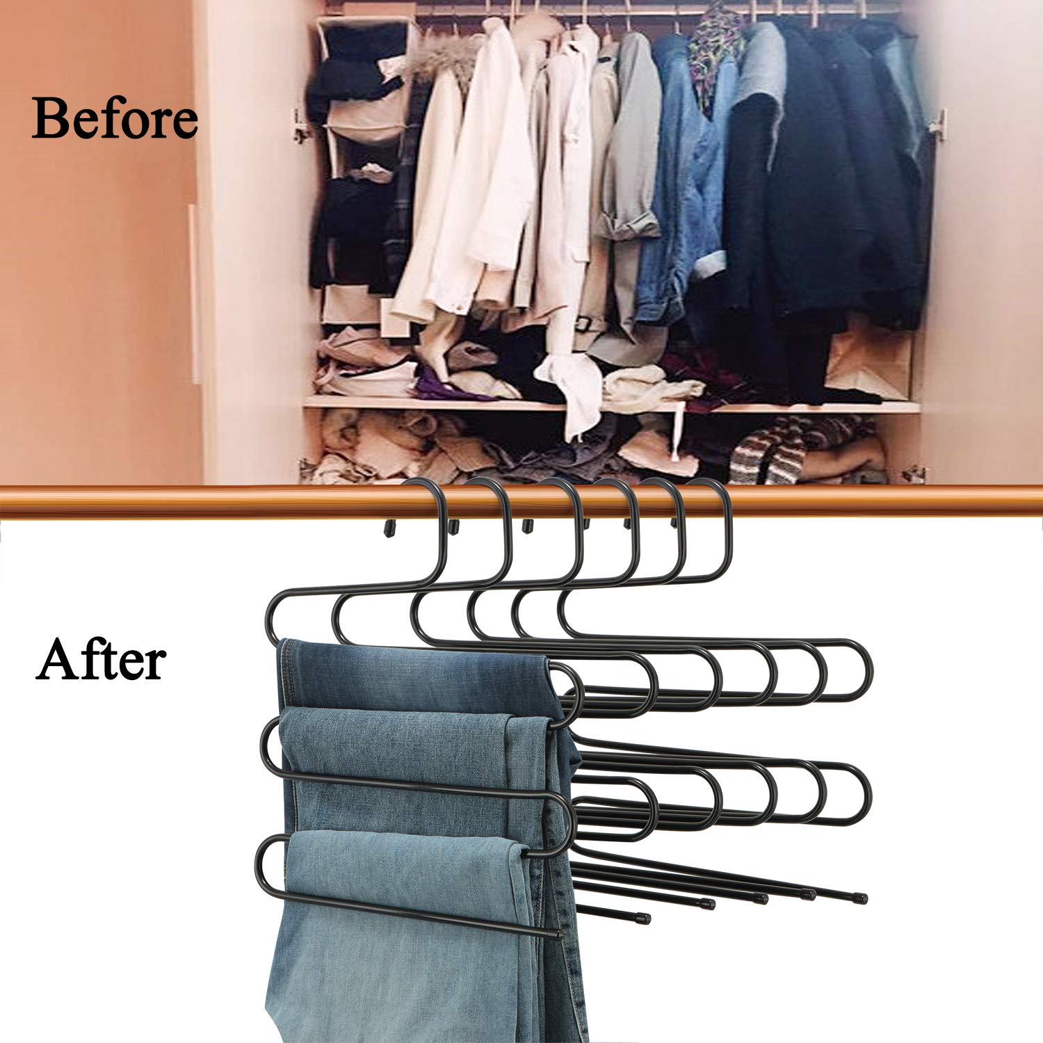 DOIOWN 6 Stück Hosenbügel S-Form Edelstahl Kleiderbügel platzsparend Kleiderschrank Organizer für Hosen Jeans Schal (5 Schichten, Stück) Schwarz -