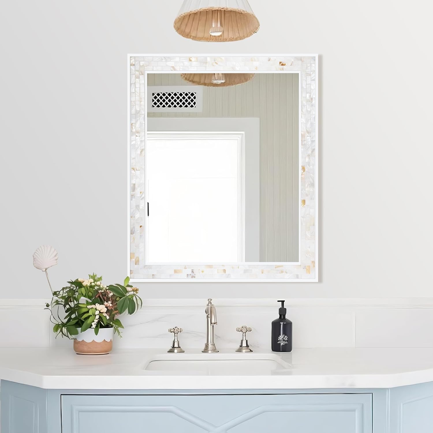 Tanmicoshomy 30 x 36 Inch White Bathroom Mirror, Natural Shell Framed Rectangle Mirrors with Tempered for Bathroom Bedroom, Living Room, Wall Mounted Horizontal or Vertical Hanging