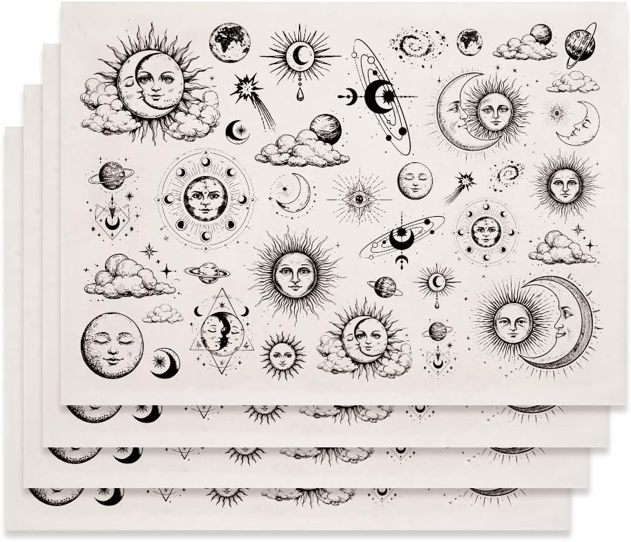 PLIGREAT 4 Pcs Sun and Moon Underglaze Transfer for Pottery, 20.5x14.6in Ceramic Clay Transfer Paper Vintage Ceramic Tile Decals Black Under Glaze Transfers for DIY Handicraft Supplies