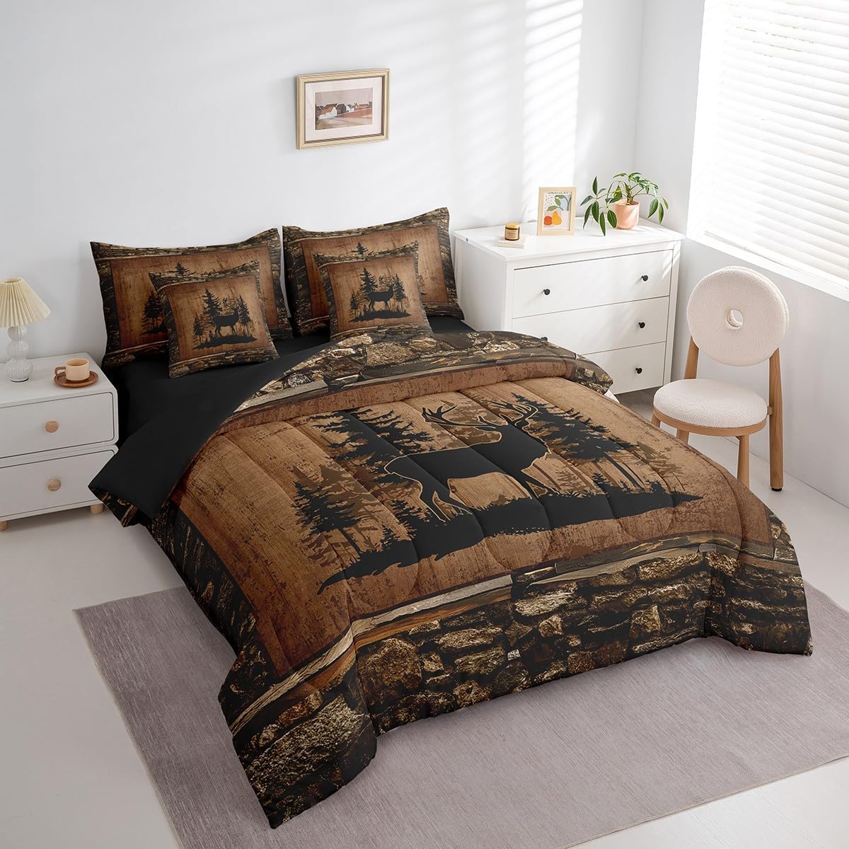 Feelyou Deer Comforter Set with Sheets - Queen Size 7 Piece Kids Rustic Hunting Bedding Set - Cabin Lodge Deer Bed in a Bag - Farmhouse Nature Wildlife Antlers Brown Bed Set