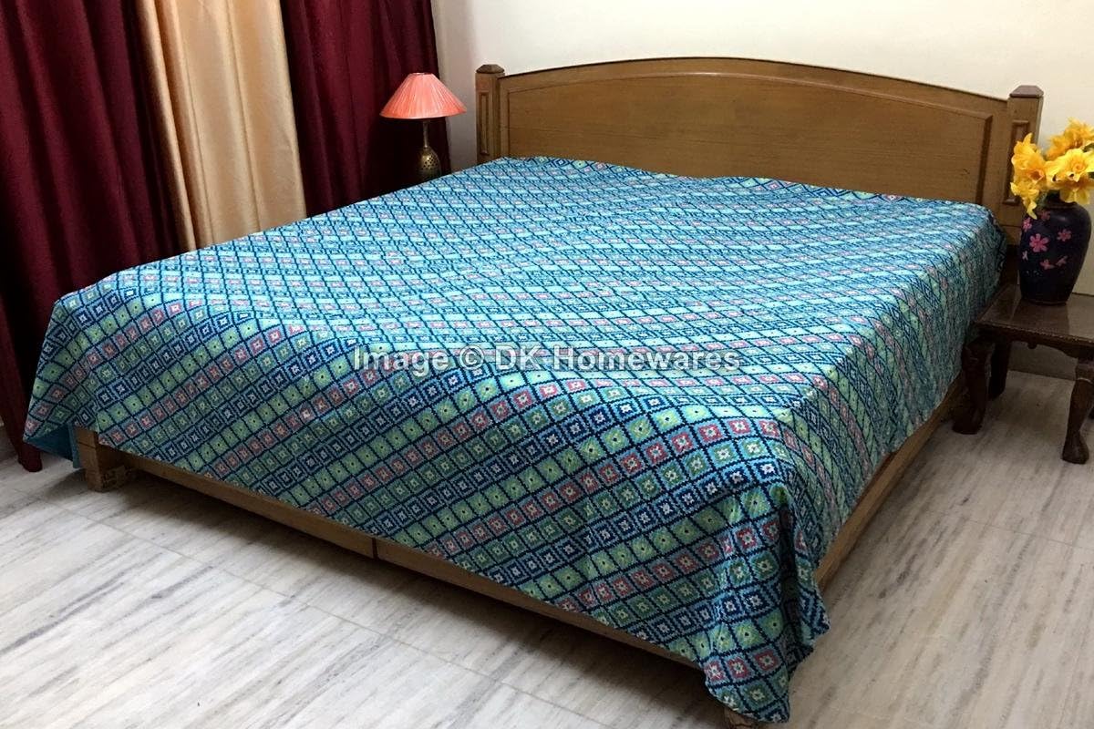 Indian Handmade Turquoise Queen Size Bedspread Decoration Cotton Kantha Work Ikat Printed Hand Crafted (108 x 90) -Set of 1 Quilt Bedspread