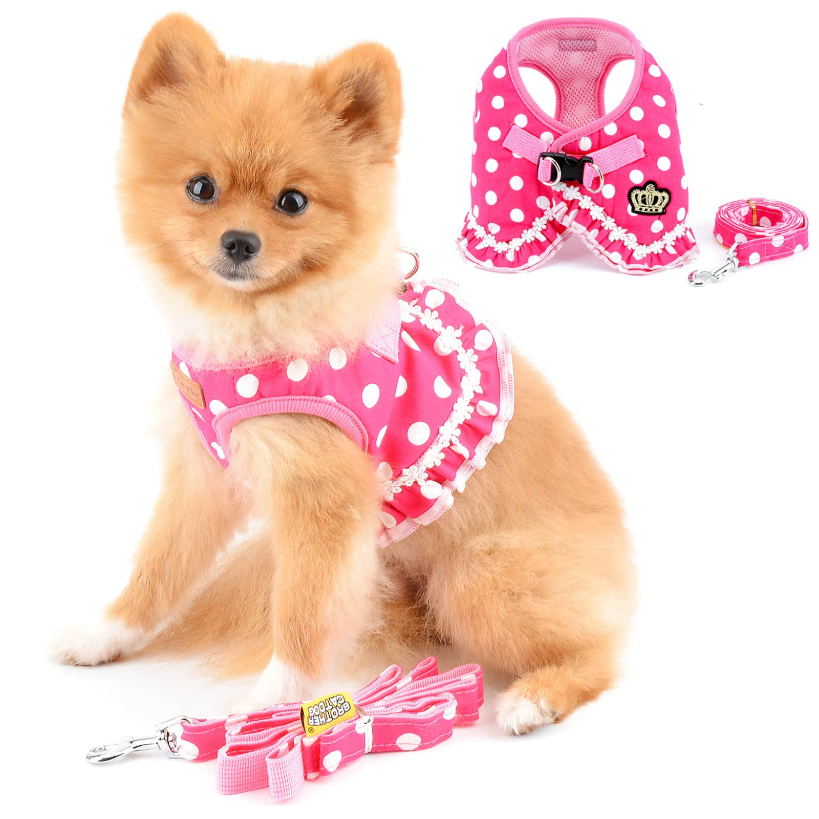 PAIDEFUL Ruffles Polka Dots Dress Harness for Small Dog Vest Harness Lead Set Medium Puppy Dog Girl Escape Proof Cat Harness Soft Mesh Padded No Pull