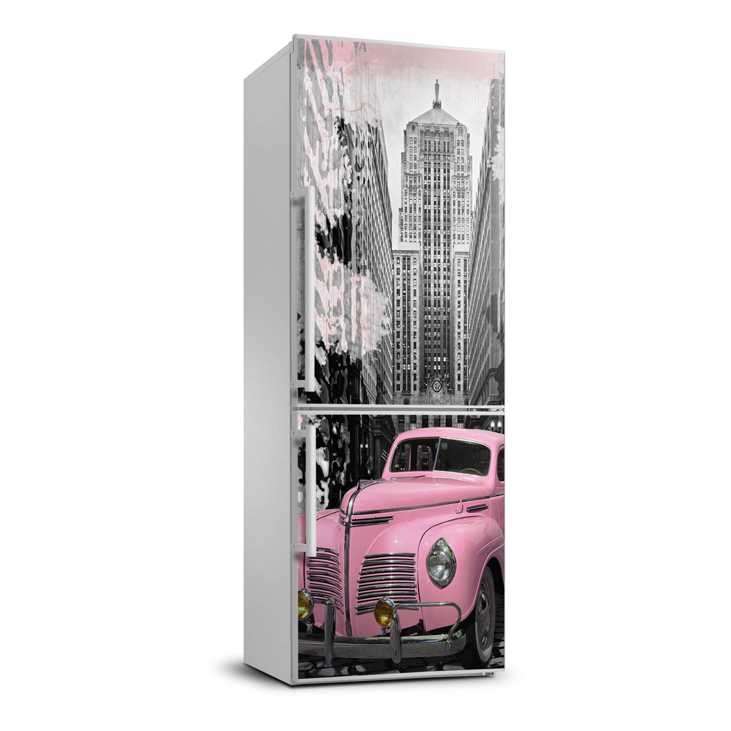 Cubierta frigorífico decorativa Tulup de alta calidad fotográfica y coche rosa retro