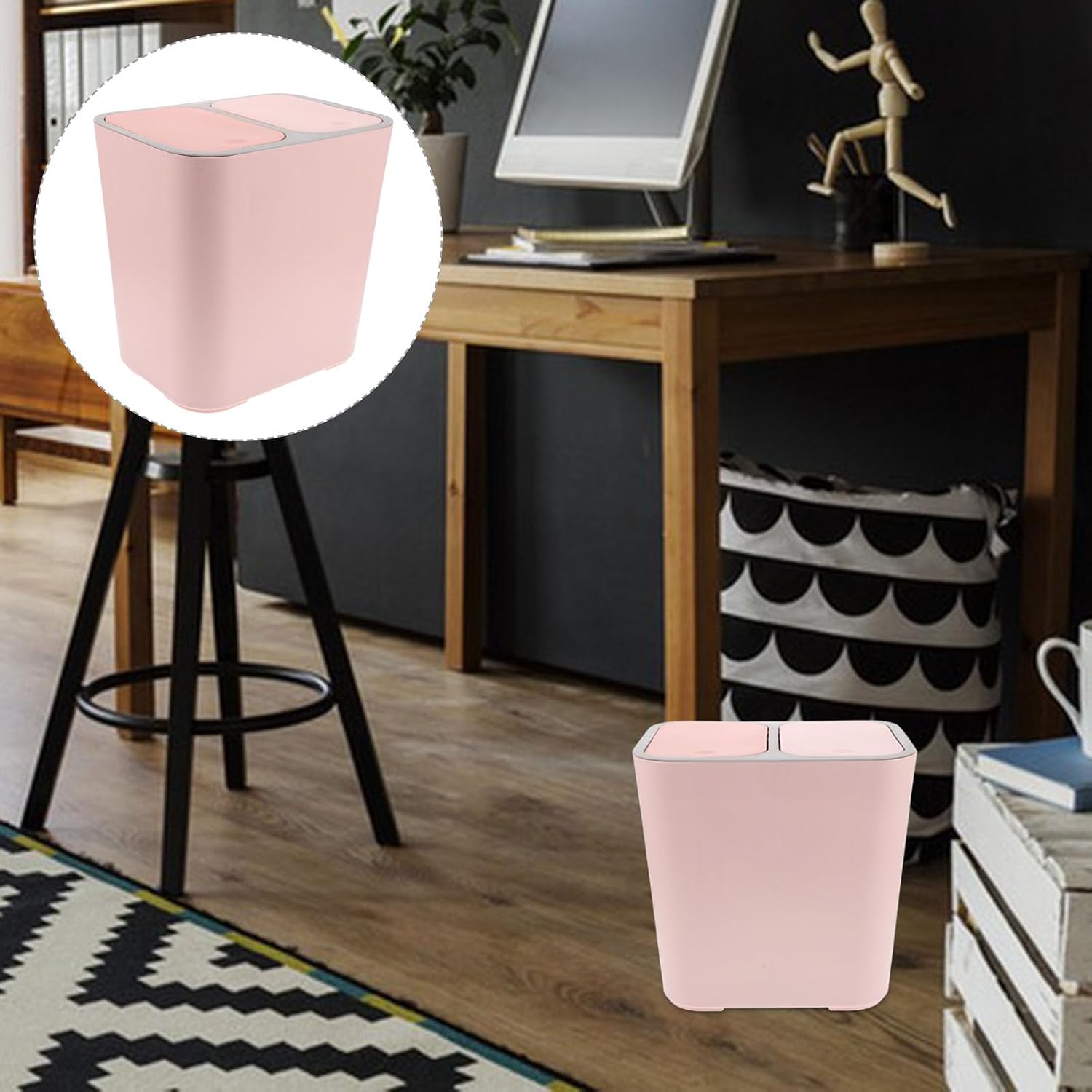 Dual Compartment Light Can with Lid Thickened Plastic Bathroom and Kitchen Waste Bin for Home Organization and Wet-Dry Separation