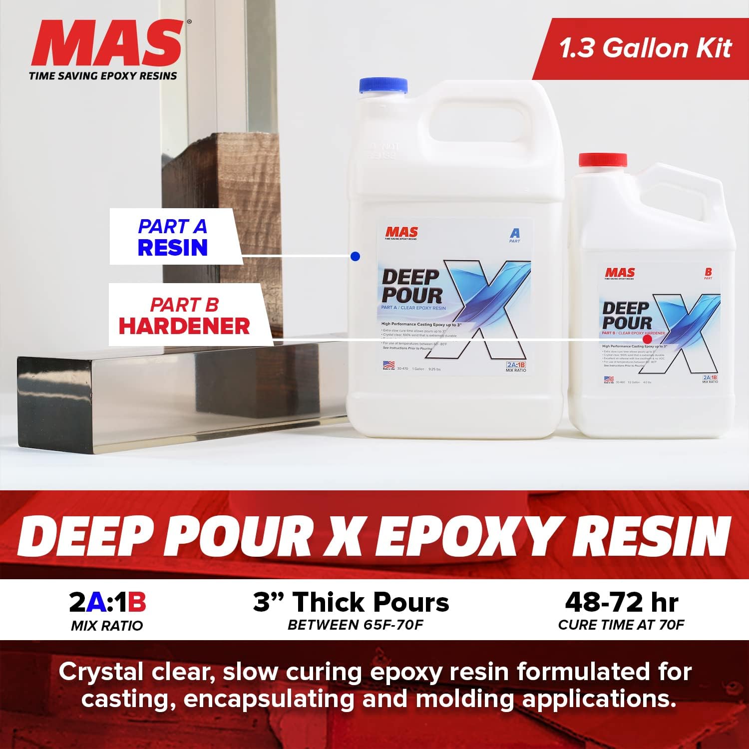 MAS Epoxies Deep Pour X Epoxy Resin Kit, 1.5-Gallon, (1-Gal Resin + 0.5-Gal Harderner) for Casting, Encapsulating, Fill Large Voids, River Tables, Sculptures, Live Edge Wood Tables