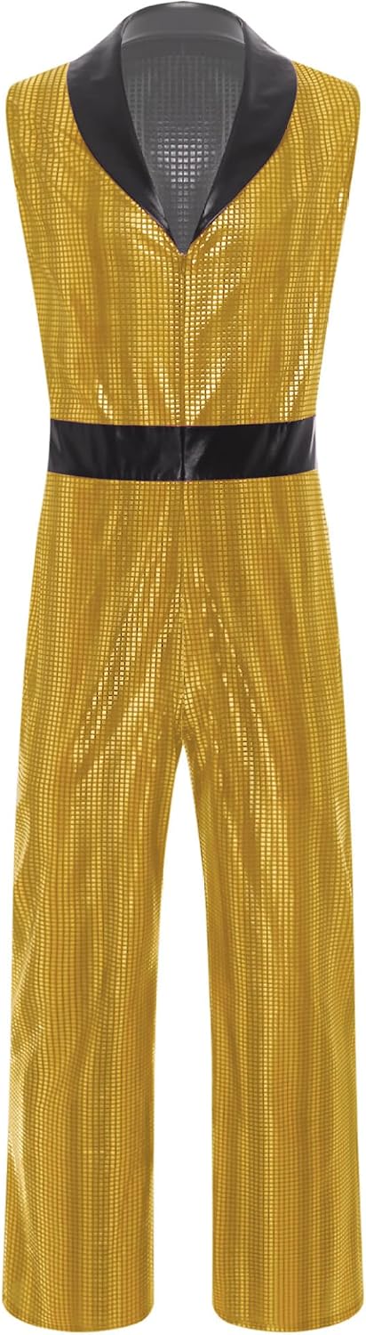 Mens Retro 70s Disco Jumpsuit V Neck Sleeveless Wide Leg Bodysuit Hippie Music Festival Jazz Party Costume