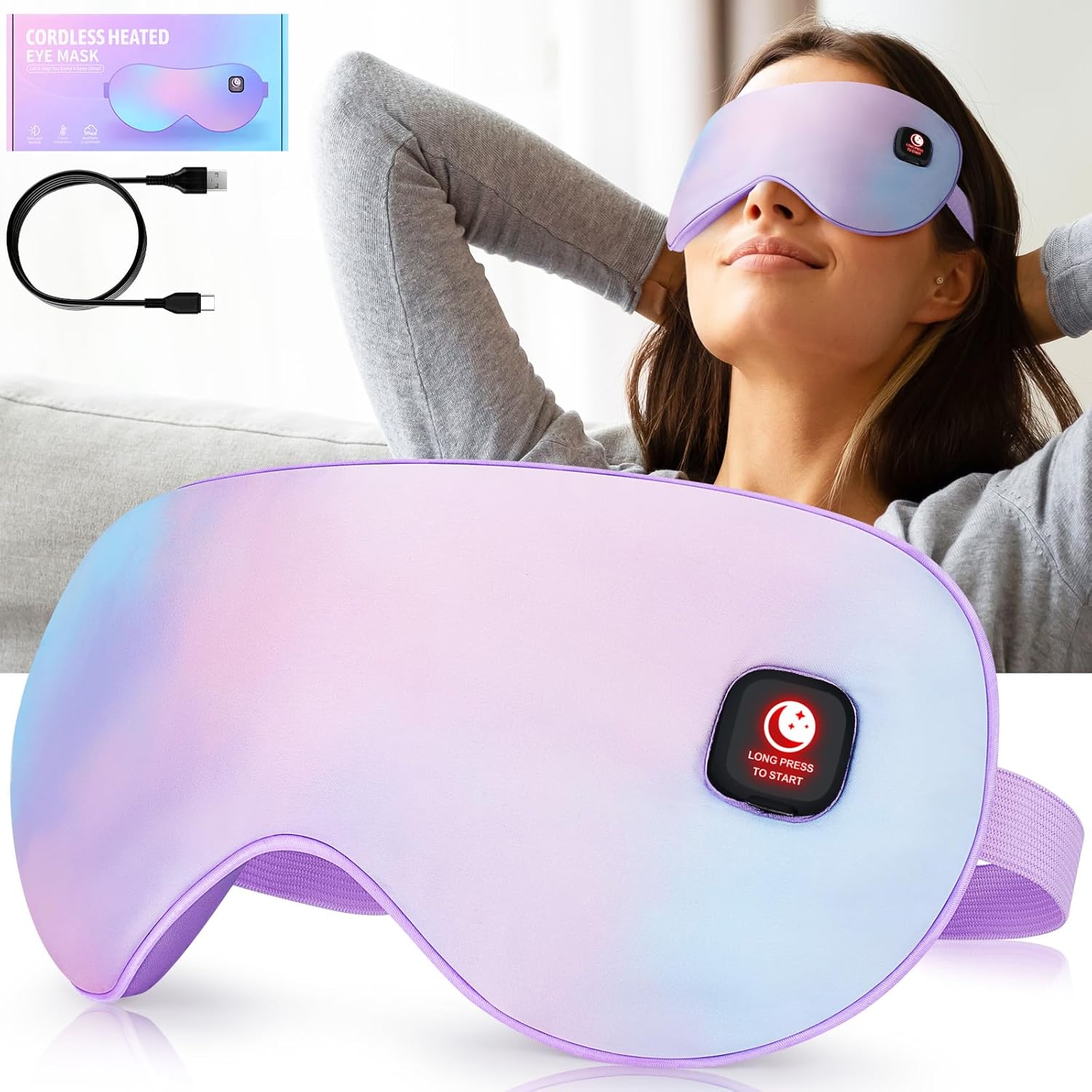 Heated Eye Mask-Cordless Warm Eye Compress Heated Eye Mask for Dry Eyes, Blepharitis,Light Blocking Heat Eye Mask for Men Women, Electric Warm Eye Mask for Airplane Sleeping for Travel (Colorful)