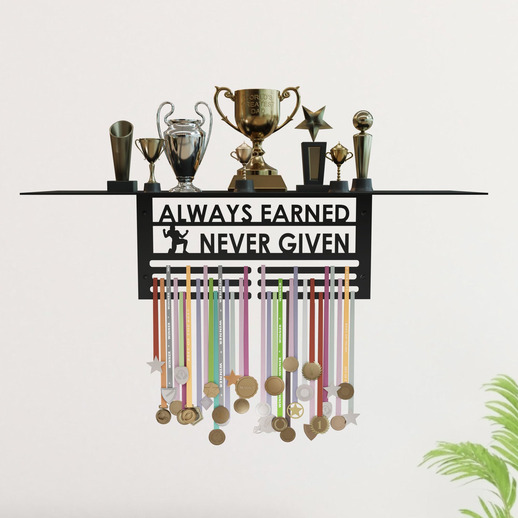 Glory Trophy Rack with Medal Hanger - Always Earned Never Given – Holds Up to 8 Trophies and 30 Medals – Glossy Black Finish – Metal Display for Sports Achievements – Perfect for Homes