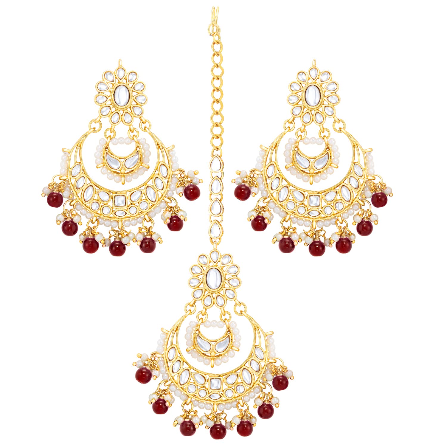 Traditional Gold Plated Green Kundan & Pearl Chandbali Earrings & Maang Tikka Ethnic Stylish Jewellery Set-image-31