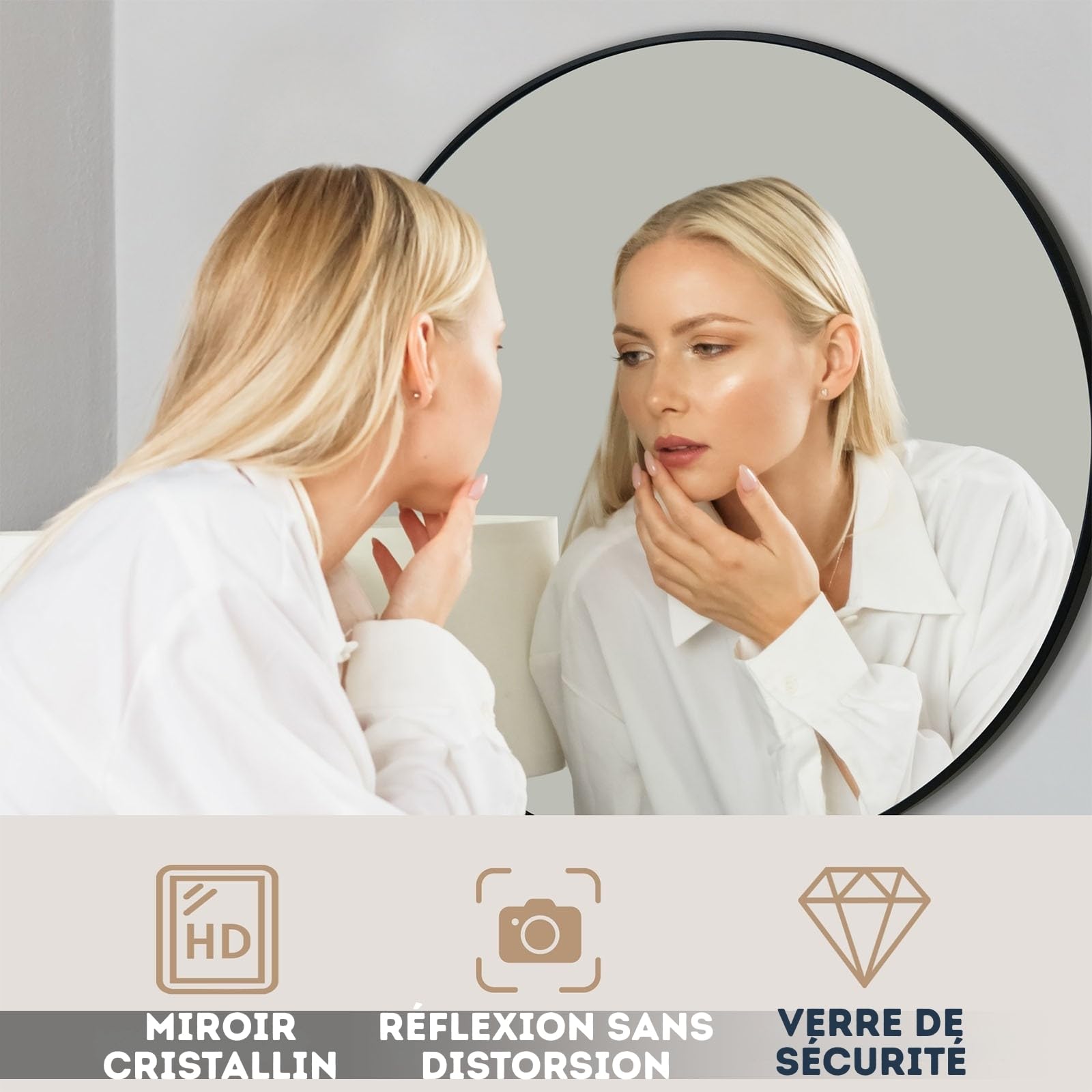 KARAT Miroir Mural Rond pour Salle de Bain et Chambre, avec Cadre en Alliage d'aluminium Noir Bella, Ø 60 cm, Verre trempé avec Film de sécurisé, Design élégant, Fixation Murale ou Poser sur Table