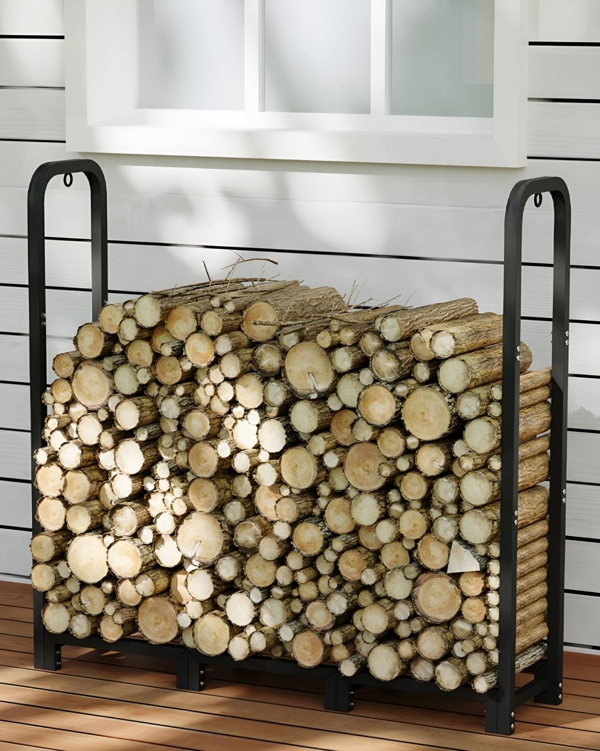 GarveeTech 4 Foot Firewood Rack for Indoor Outdoor, 48 inch Adjustable Steel Log Storage Holder & Wood Pile Organizer, Heavy Duty Metal Lumber Stacker for Fireplace, Fire Pit, Patio, Deck, Matte Black