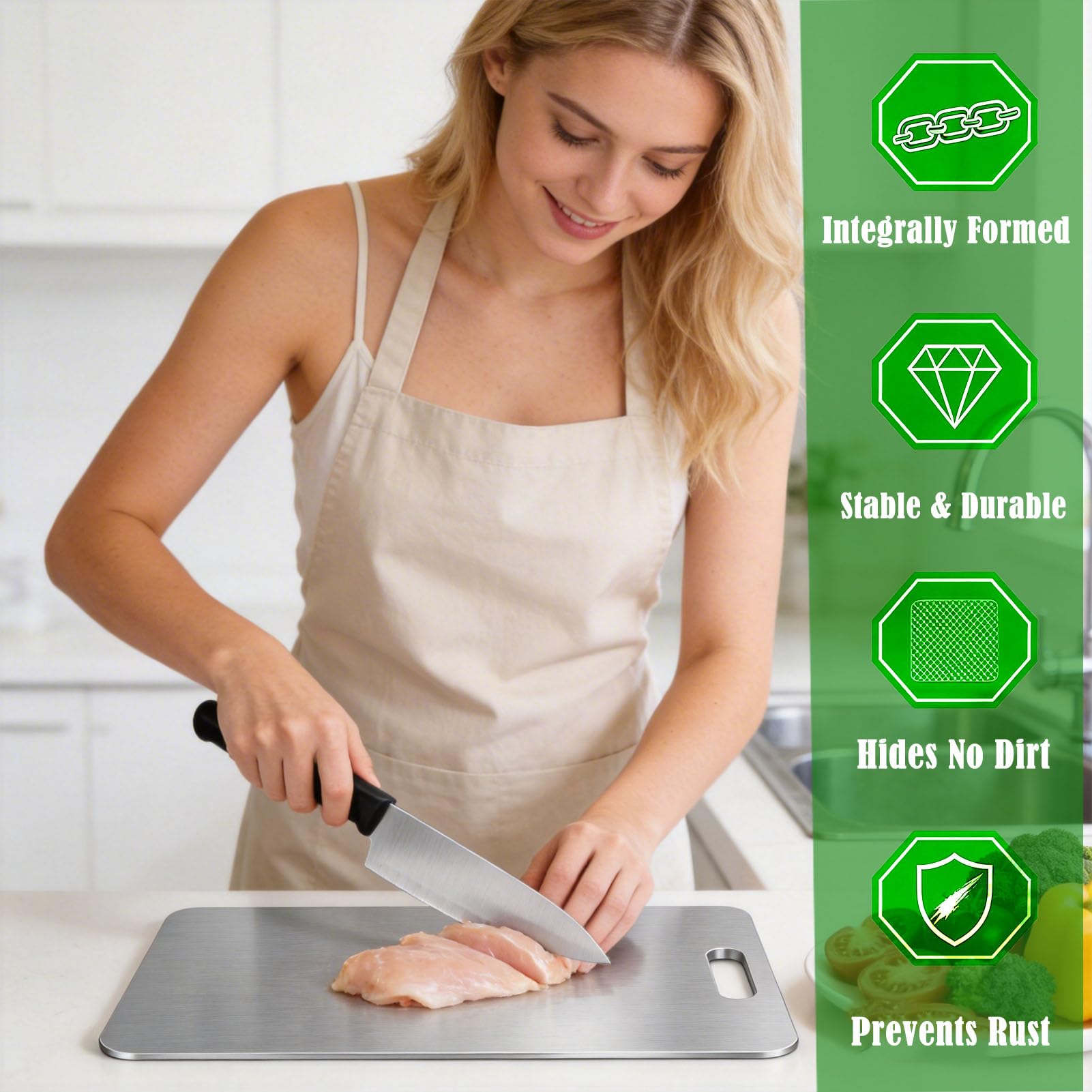Lot de 3 Planches à Découper Titane & Inox - Double Face Qualité Alimentaire, Non Poreuses Sans Microplastiques, Résistantes aux Odeurs, Hygiéniques pour Cuisine Domestique