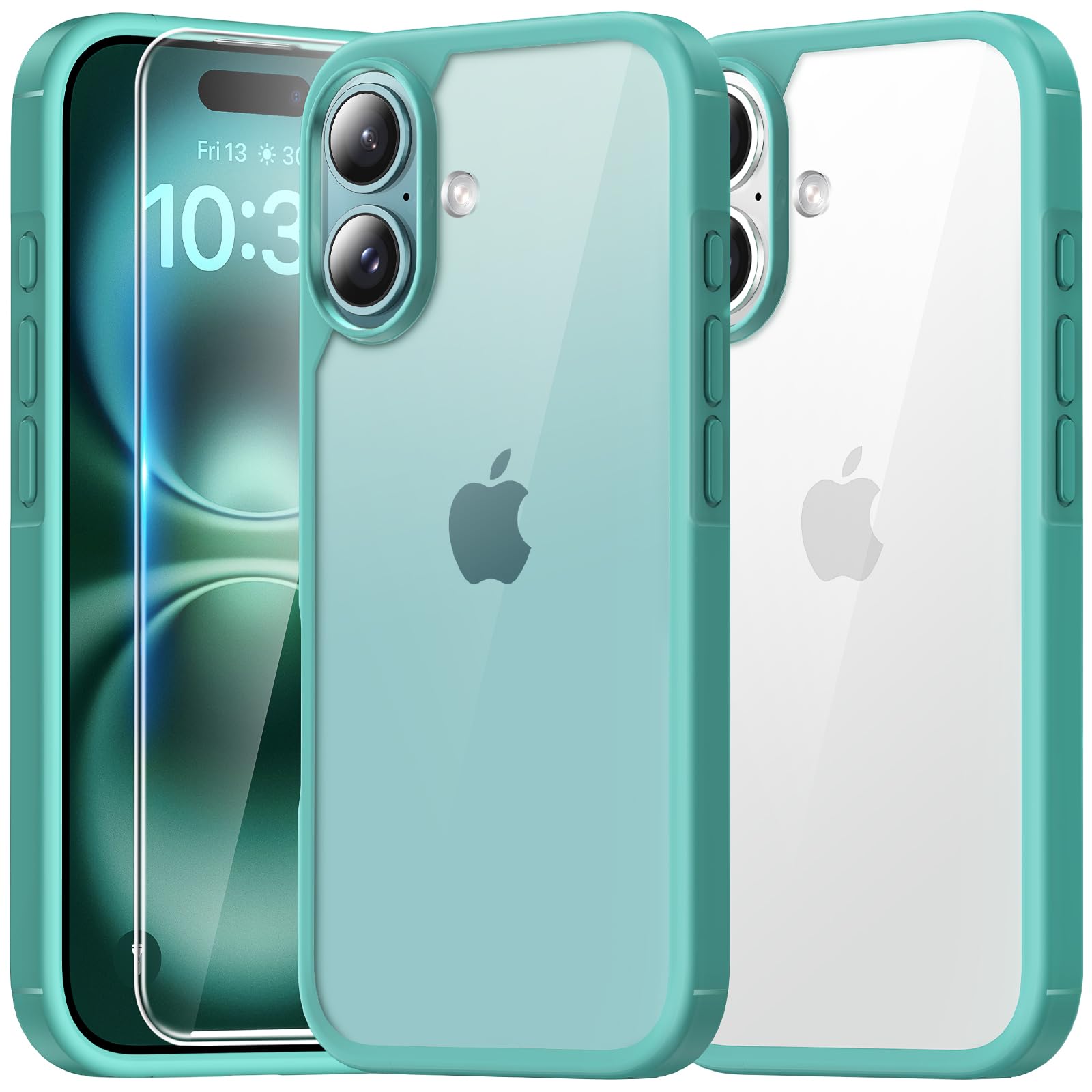 TAURI Coque pour iPhone 16 Plus avec Protection D'écran en Verre Trempé,Protection Militaire,Coque Bumper Transparente Antichoc - Vert