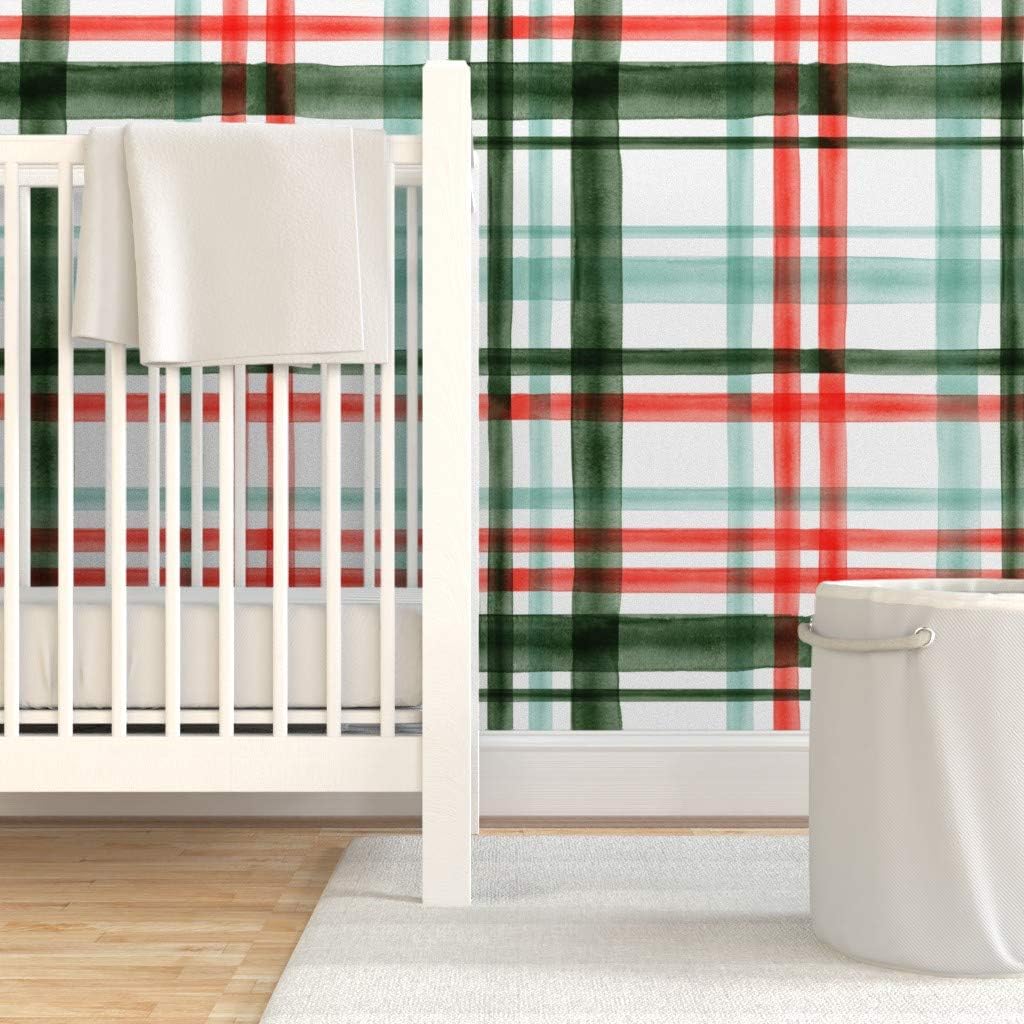 Spoonflower Peel & Stick Wallpaper 3ft x 2ft - Christmas Watercolor Plaid Mint Green Red Traditional Winter Season Custom Removable Wallpaper