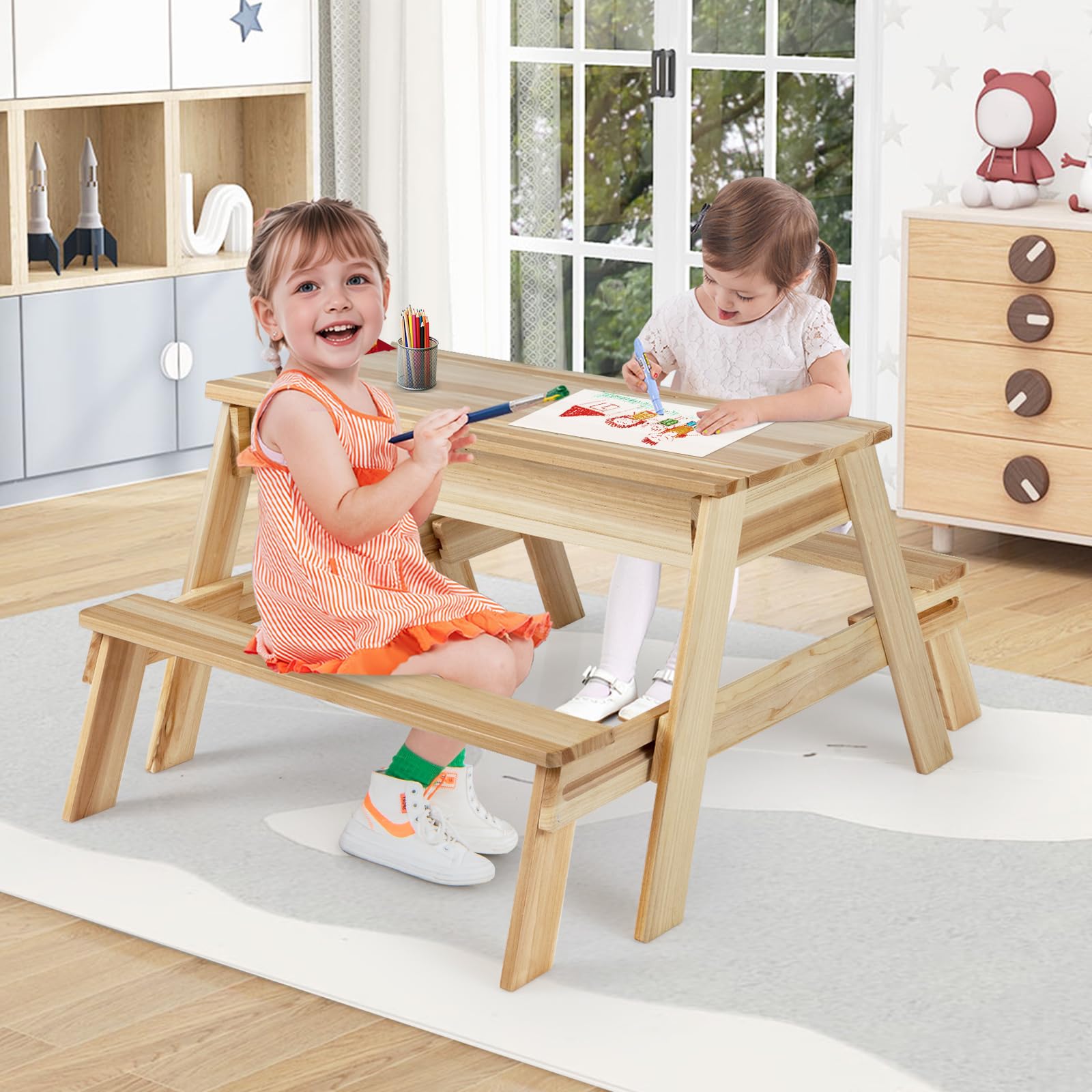COSTWAY Arenero Infantil, Juego 4 en 1 con Mesa y Bancos de Madera con Tapa Extraíble y 2 Cajas de Almacenaje, Mesita de Actividades de Arena y Agua, Mobiliario de Exterior para Jardín, Patio