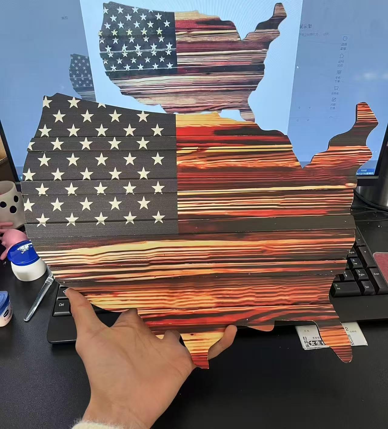 Rekeell Wooden USA Flag Wall Decor with Challenge Coin Display, American Map Shape, Rustic Patriotic Home Decoration (large size)