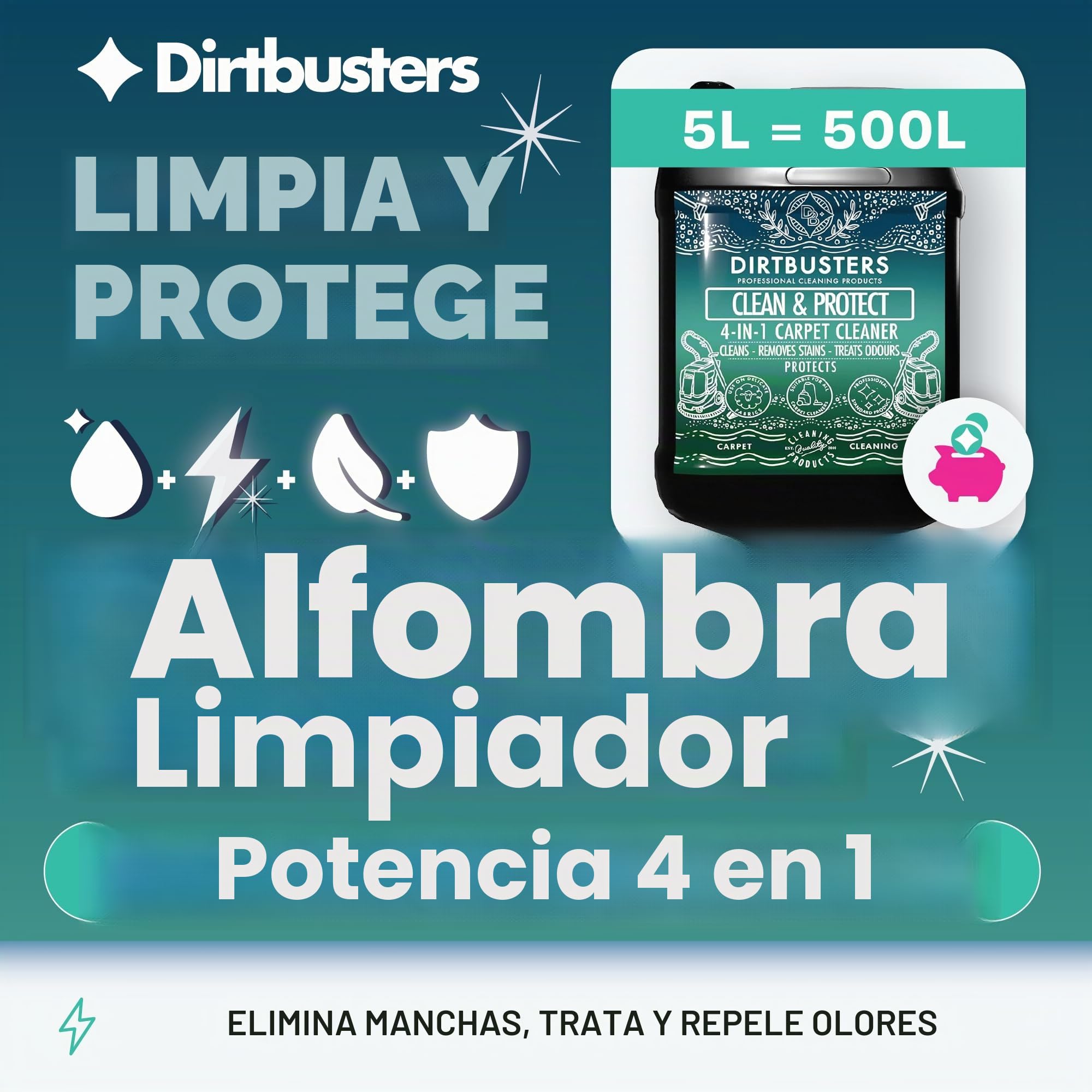 Dirtbusters - Clean & Protect - 4 en 1 Limpiador, removedor de manchas, neutralizador de olores y protector. Aroma cítrico. 5 litros