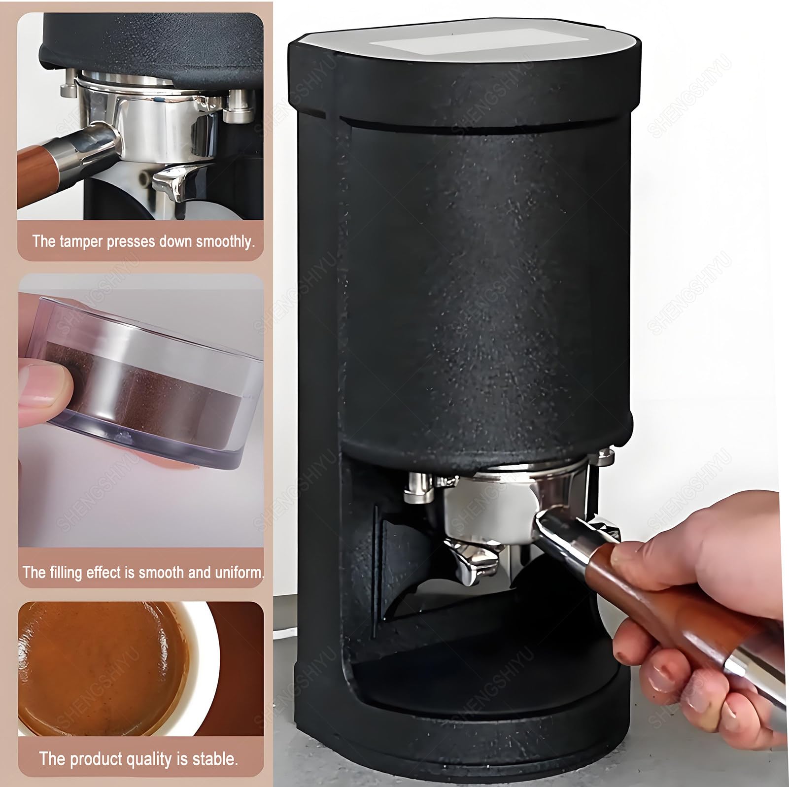 Tamper do Kawy,Ekran Dotykowy,Pasuje do Różnych Uchwytów & Kawy Mielonej,Regulacja Ciśnienia 5-30kg,1-3 Ustawienia Docisku,Ubijak do Kawy 58mm,Regulowana Wysokość Podstawy Black