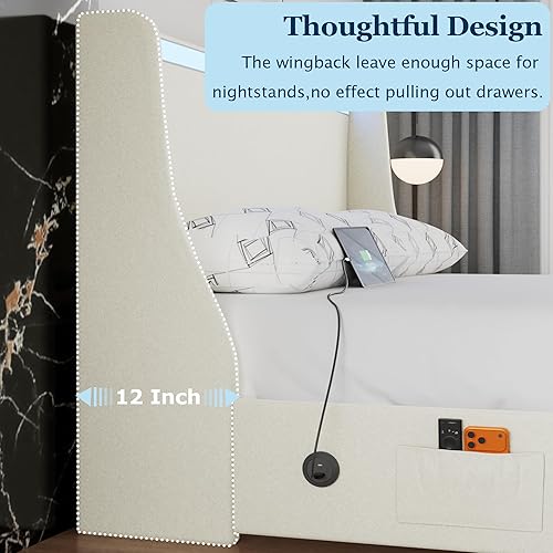 Miniatura 36 de VECELO Full Size Bed Frame with Storage Drawers, Upholstered Platform Bedframe with Wingback Headboard, No Box Spring Needed, Light Grey Gris