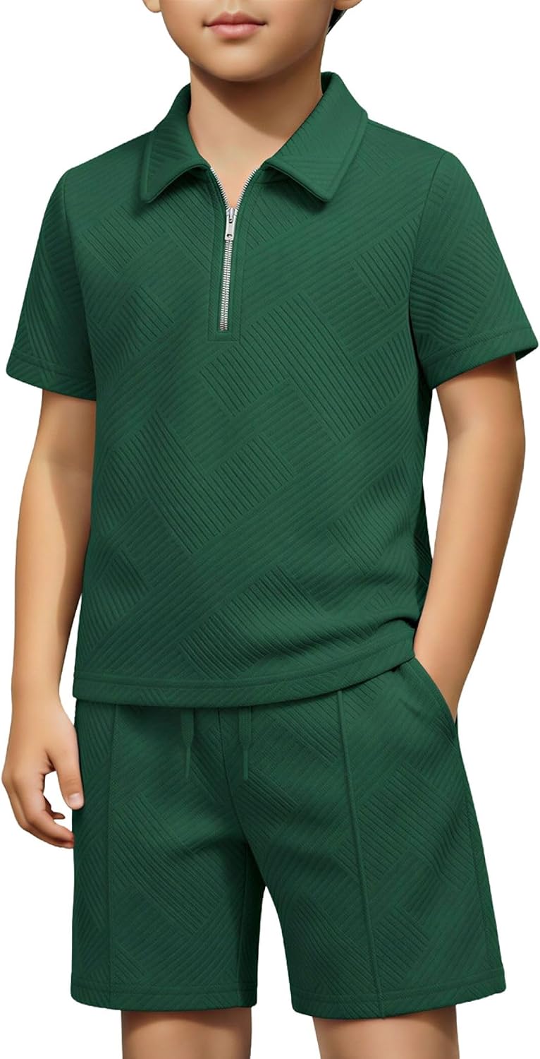 Arshiner Boys 2 Piece Outfits Zip Polo Shirt & Drawstring Shorts 4-13 Years