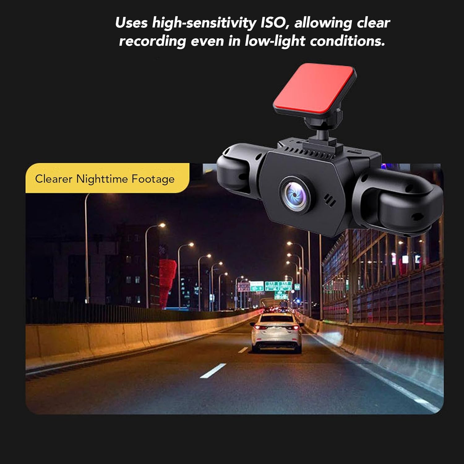 Фронт view of the VBESTLIFE 4-channel dash cam mounted on a windshield, showing the main unit with two side cameras and a screen displaying a road view.