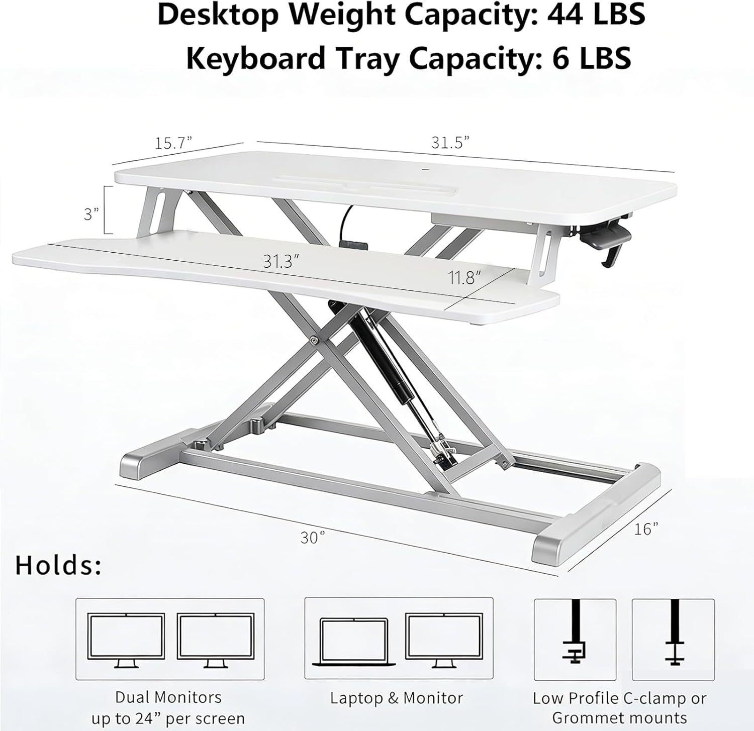 32" Standing Desk Converter with Removeable Keyboard Tray, Height Adjustable Stand Up Desk Riser, Sit to Stand Desk Risers for Dual Monitor and Laptop, 44LBS Weight Capacity, White