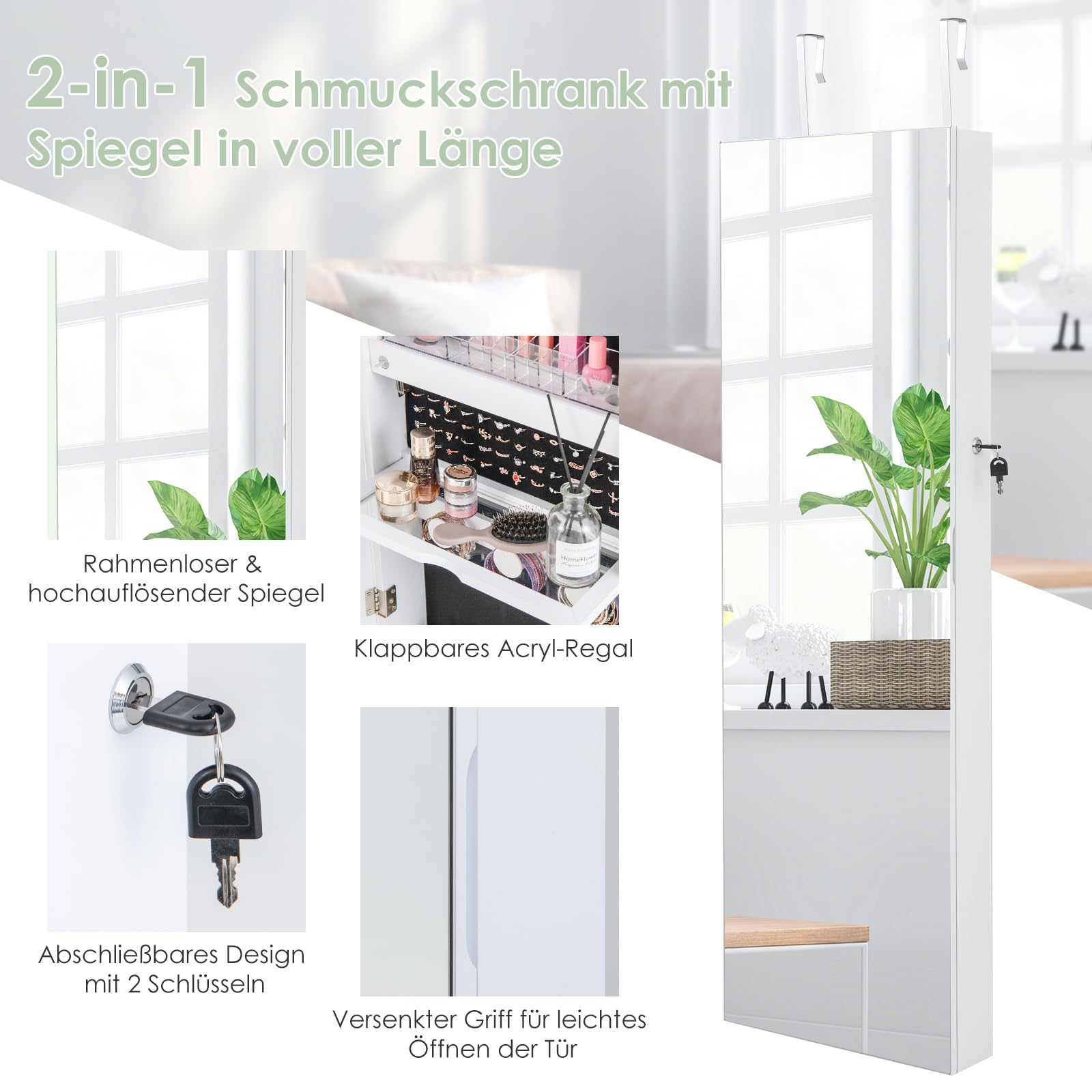 COSTWAY Schmuckschrank mit Ganzkörperspiegel, eingebautem Schminkspiegel & 3-farbigen LED-Lichtern, Schmuck Spiegelschrank für Ringe Kettenhaken Ohrringe, Wand- / Türmontage (Weiß)