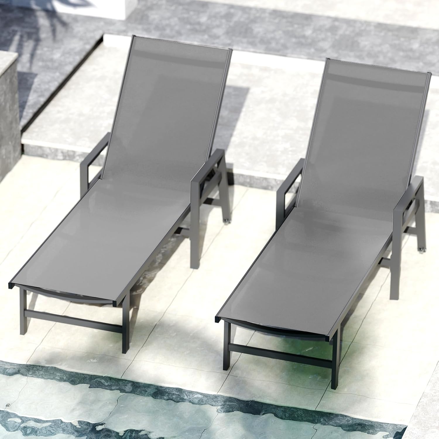 WOAJUQO Aluminum Chaise Lounge Chair Outdoor (Set of 2) -Patio Lounge Chair with Wheels and 5-Position Adjustable Backrest and Outdoor Recliner Full Flat Tanning Chair for Beach,Patio,Lawn,Pool,Grey