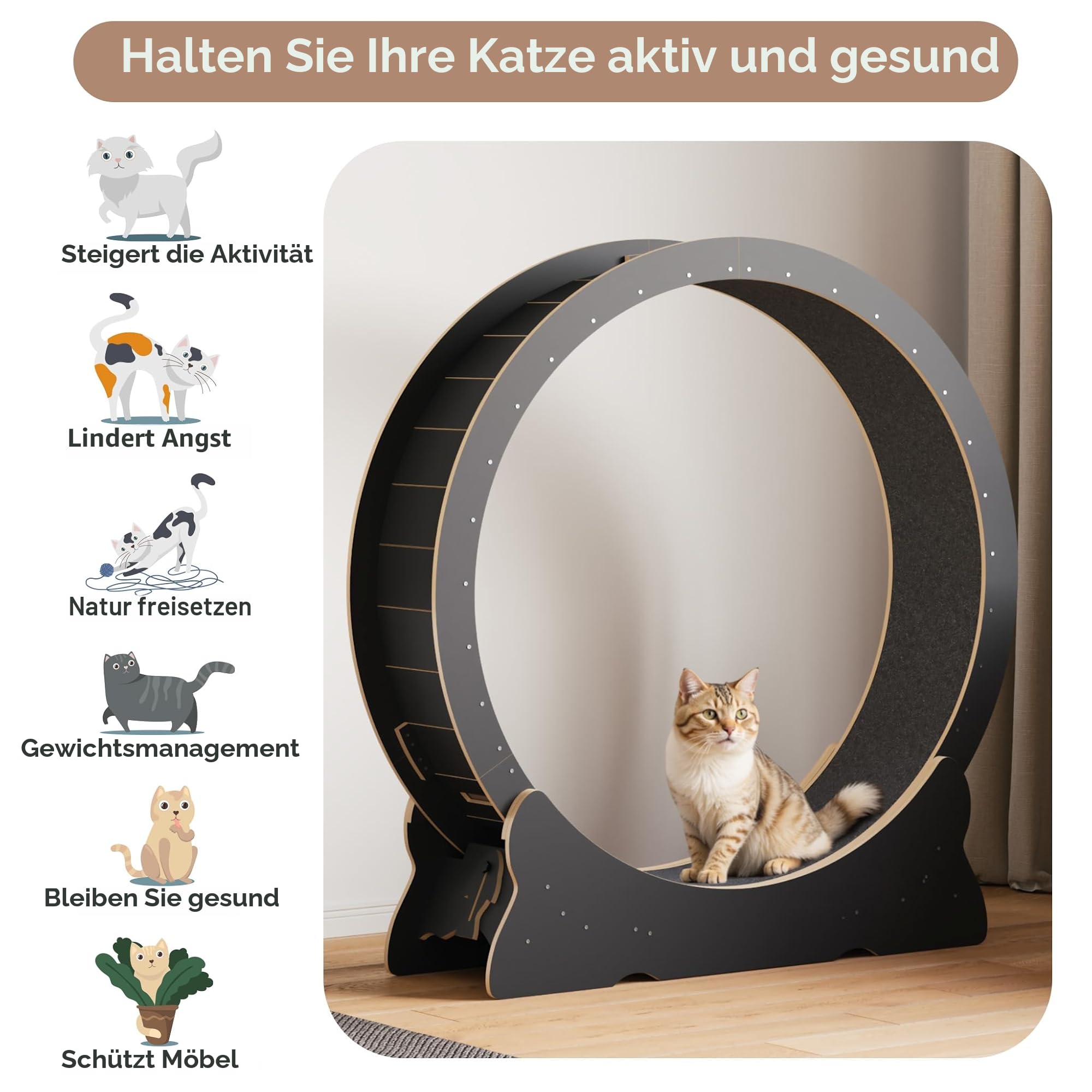 Mondeer Katzenlaufrad Indoor aus Holz, 110 cm, mit Teppich, Schwarz | Abnehmbarer Teppich, leicht reinigbar. Fördert Bewegung und Energieverbrauch, geeignet für aktive, verspielte Katzen.