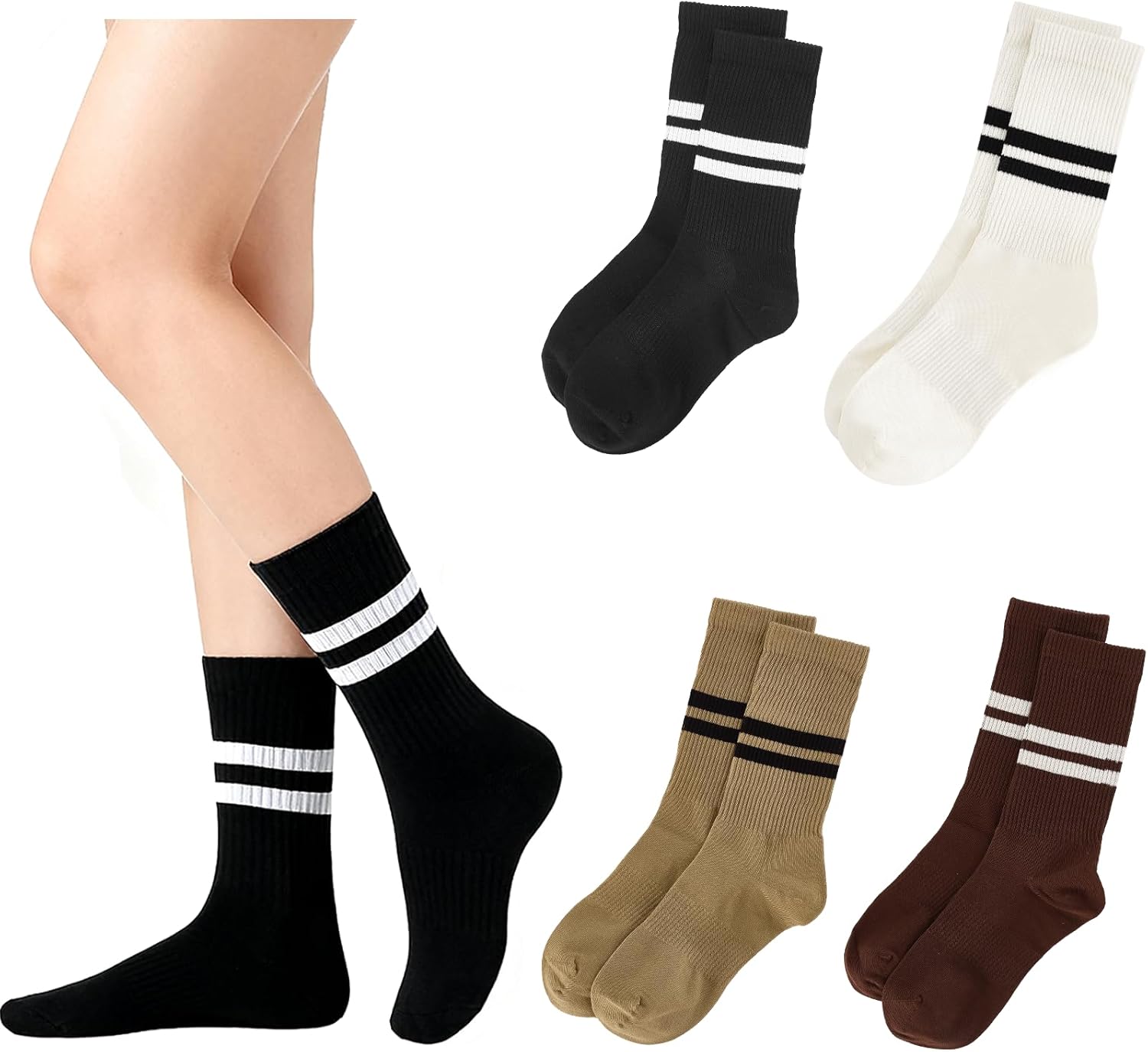 4 Pairs Striped Cotton Crew Socks, Cute Casual Women’s Socks Athletic Running Stocking with Retro Striped Design