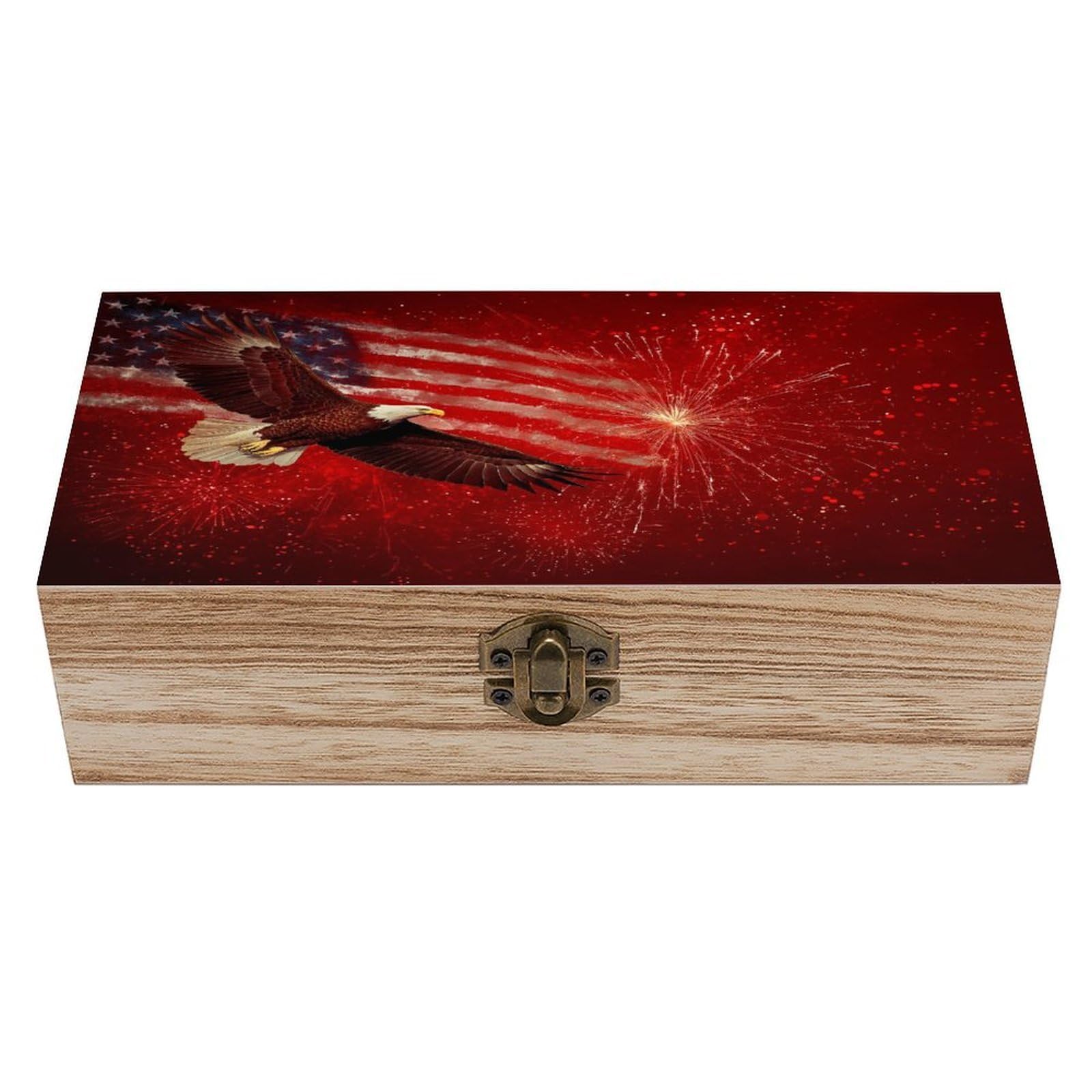 Ahdyr American Flag with Eagle Soaring in Firework Wooden Storage Box with Hinged Lid And Front Clasp Large Keepsake Box