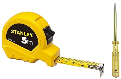 STANLEY STHT36127-812 5 Meter Plastic Short Measuring Tape (Yellow)+STANLEY 66-120 178mm/7.5'' Spark Detecting 2-in-1 Screwdriver 5mm, 100-500V AC