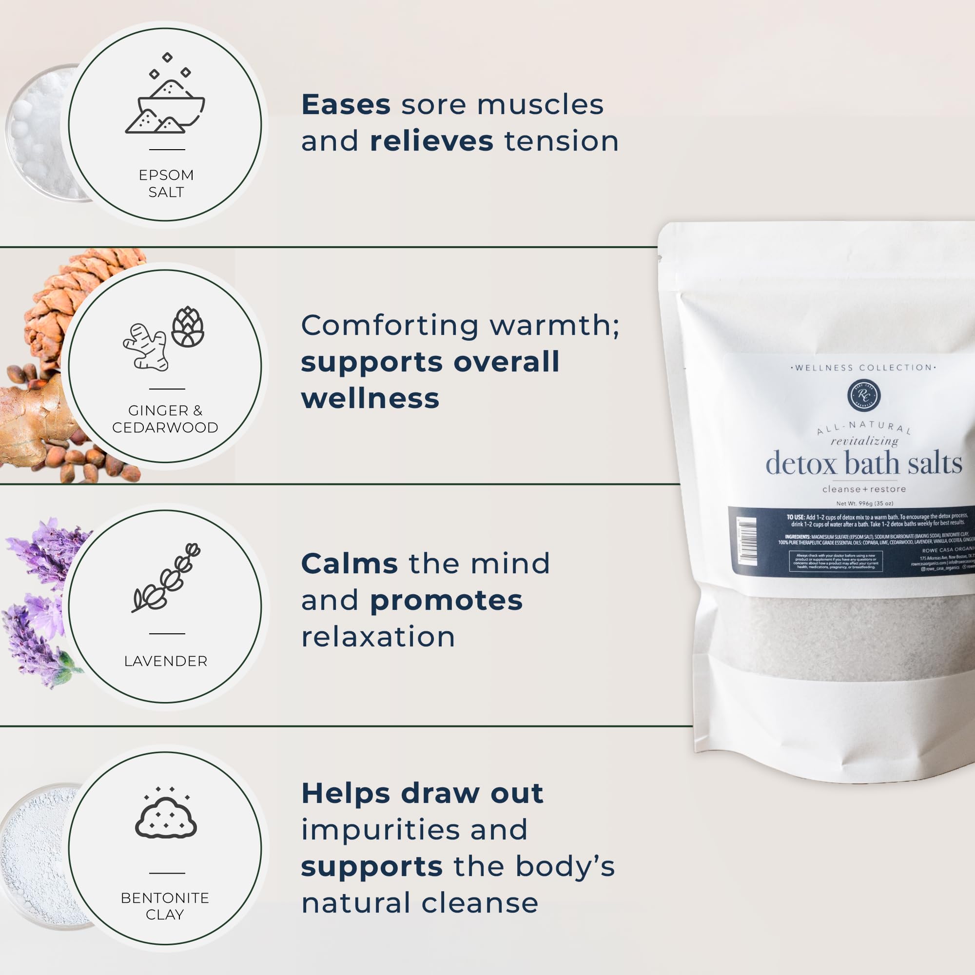 Rowe Casa Organics Sales de baño de desintoxicación, baño de desintoxicación natural para limpieza corporal, 992.2 g Y