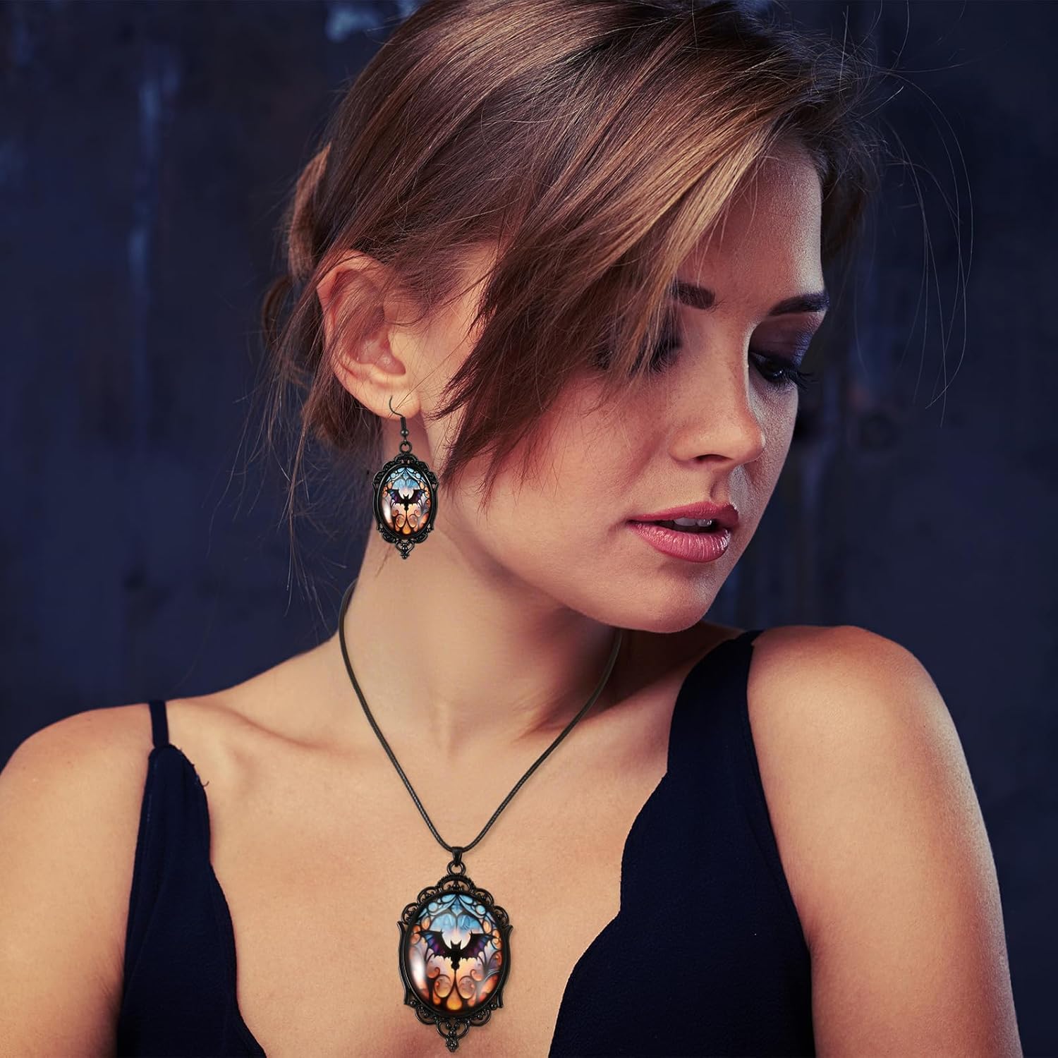 Nosiny Gothic Earrings and Necklace Vintage Hallowen Jewelry Set Crystal Glass Witch/bat Dangle Earrings Cameo Necklace Gothic Victoria Punk Mystic Cosplay Costume Accessories for Women - Image 7