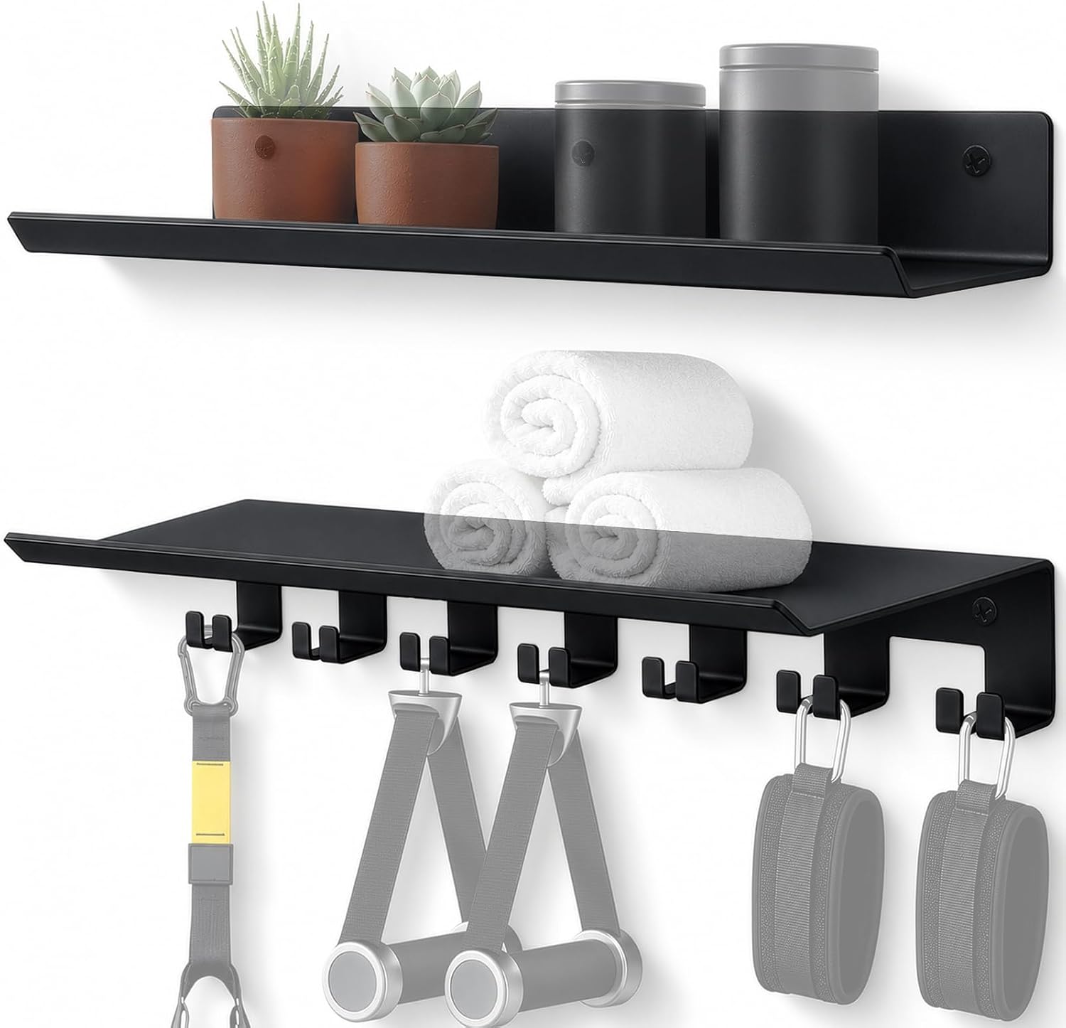 sogiv 2-Tier Floating Shelf Compatible with Tonal Accessories, Heavy Duty Wall Mount Home Gym Storage Rack with 7 Hooks, T-Bracket Lock Adapters Hanger, Workout Equipment Organizer