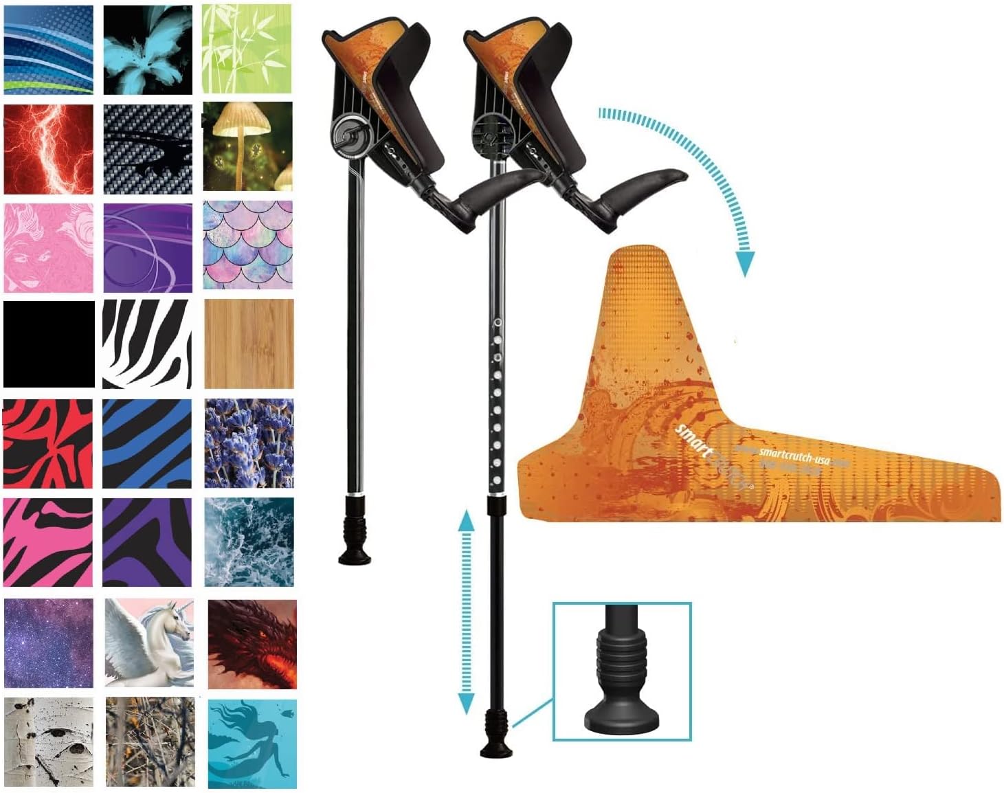 smartCRUTCH Ergonomic Custom Forearm Crutches for Adults, Multiple Colors, Adjustable Forearm Rotates 15-90 Degrees - Heights 4'4" to 6'4" - 265 lbs Non Weight Bearing